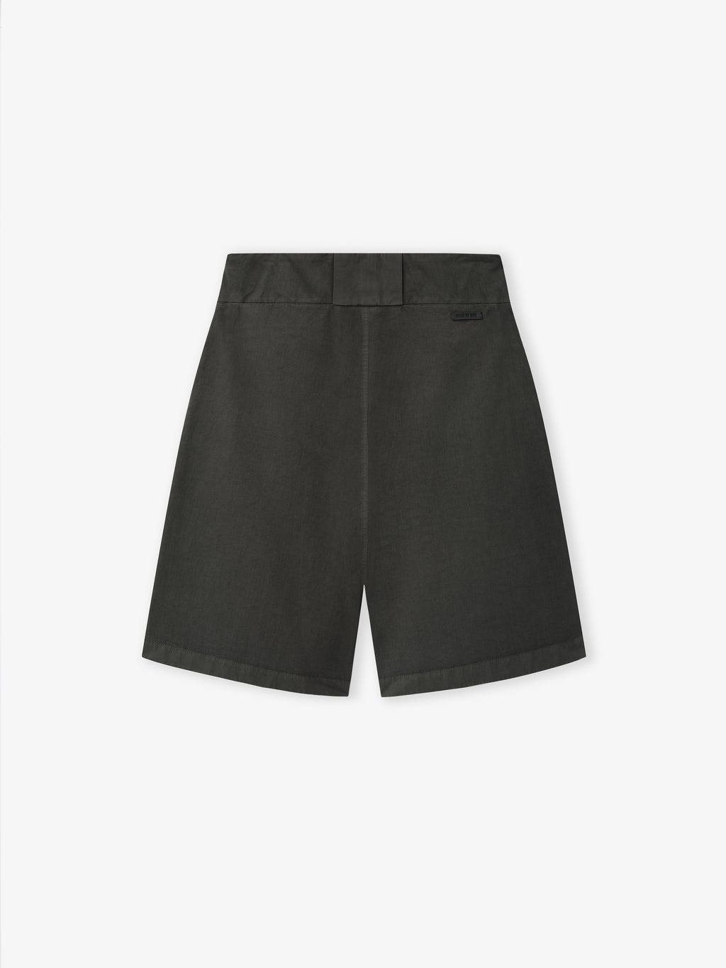 black garment dyed heavy cotton poplin baseball shorts with back waistband pockets and belt loops on white background