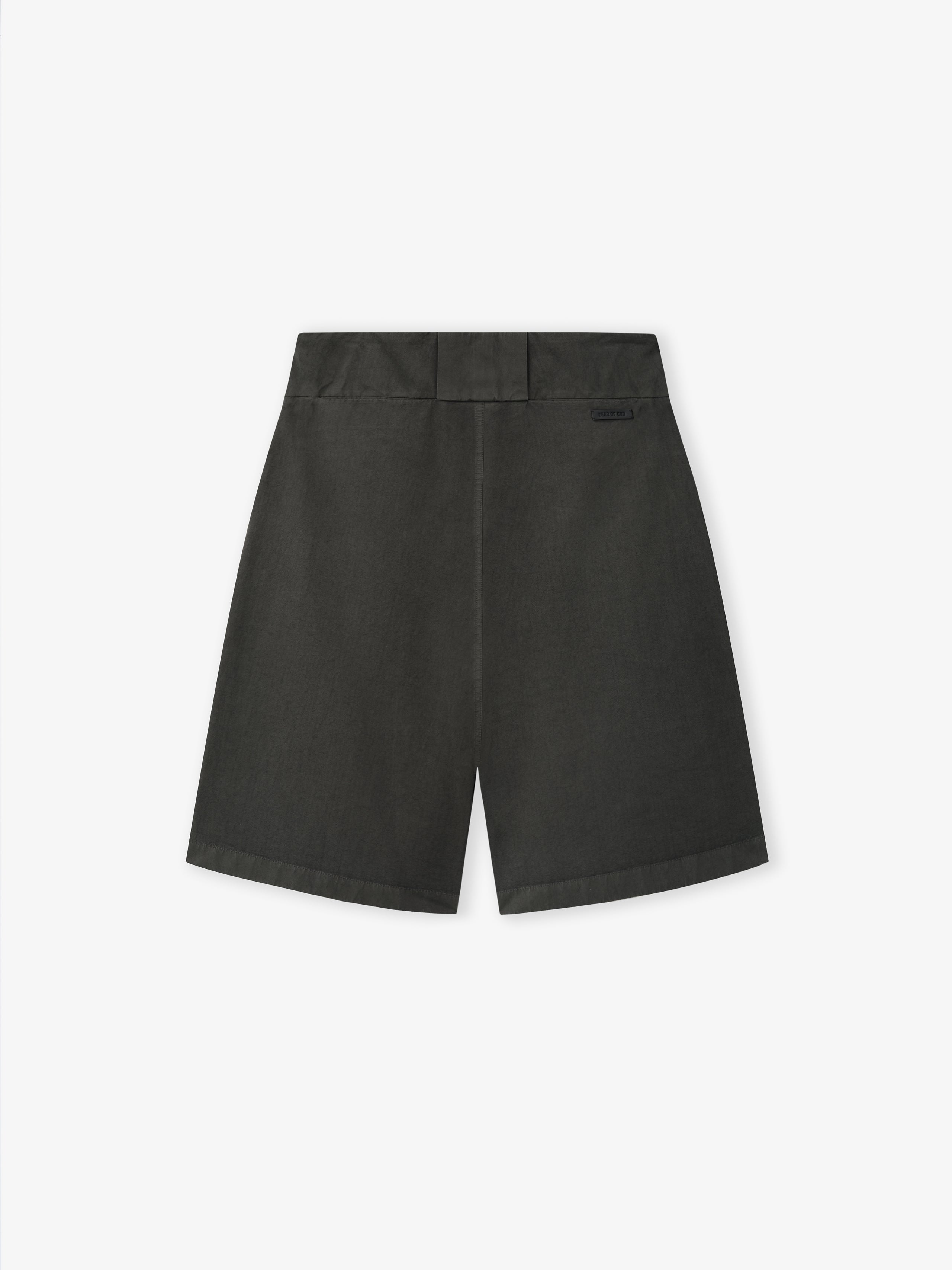 black garment dyed heavy cotton poplin baseball shorts with back waistband pockets and belt loops on white background
