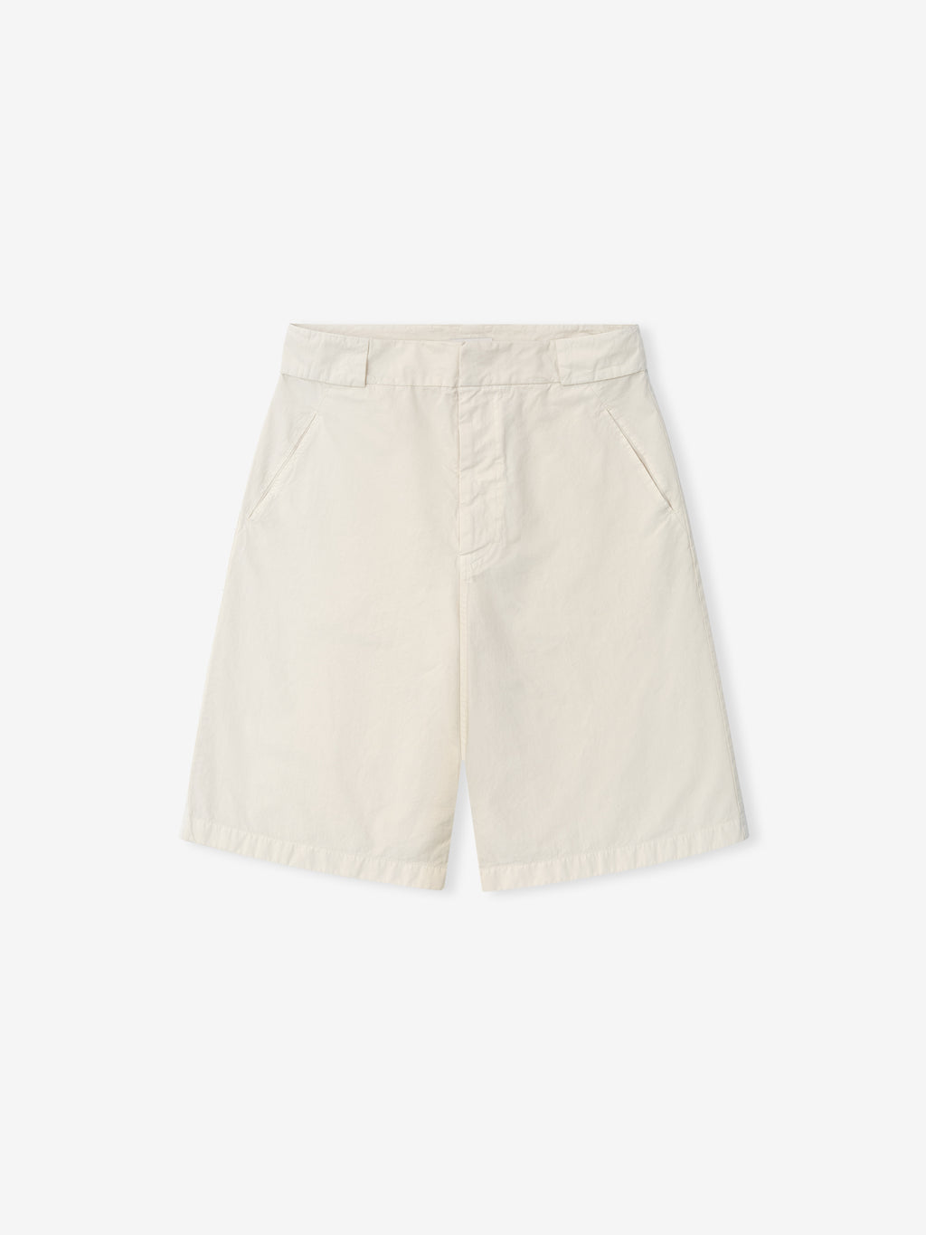 off-white garment-dyed heavy cotton poplin baggy baseball shorts with slant front pockets and waistband loops on white background