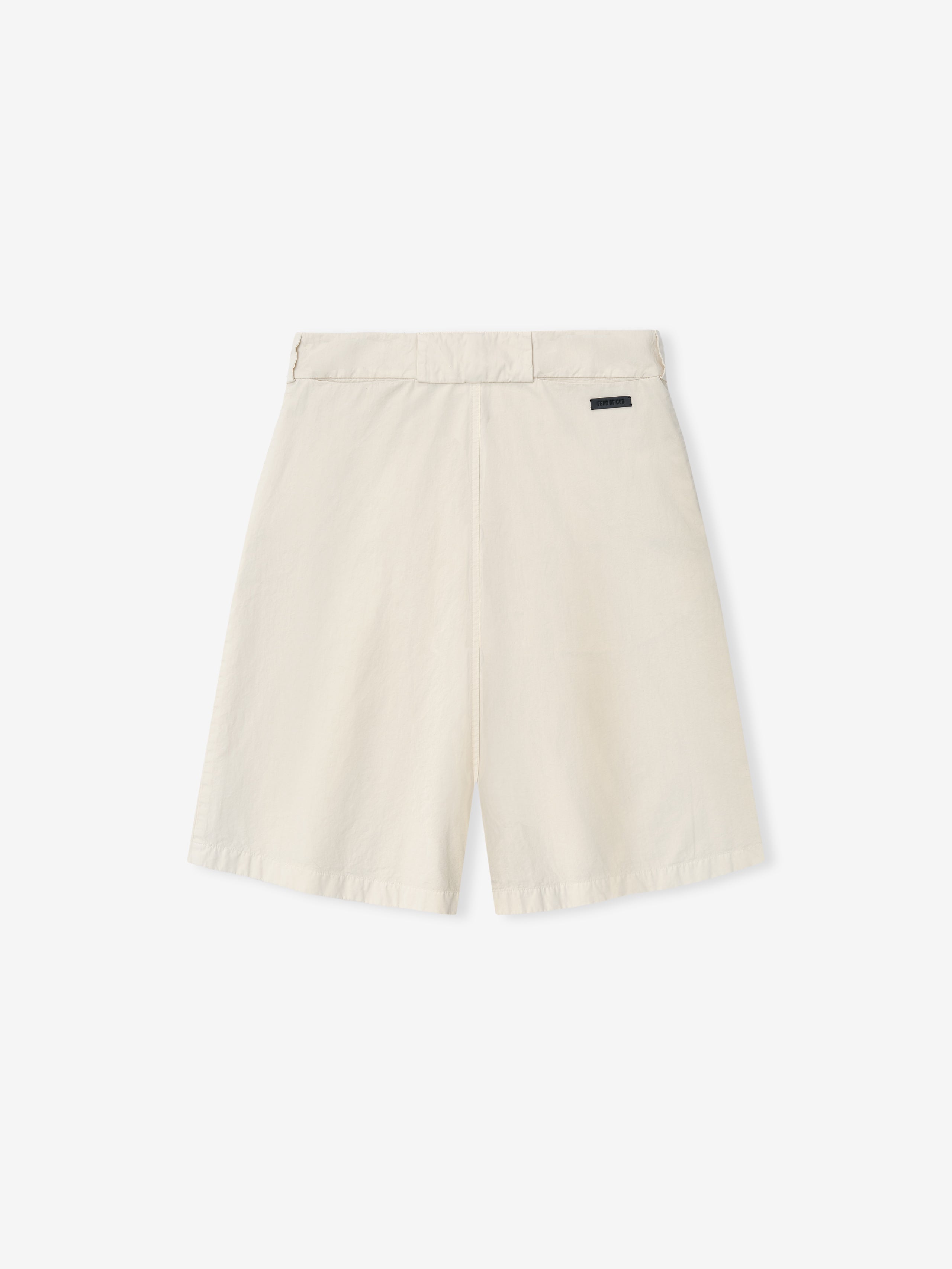 off-white garment-dyed heavy cotton poplin baggy casual shorts with back pockets and waistband belt loops on white background