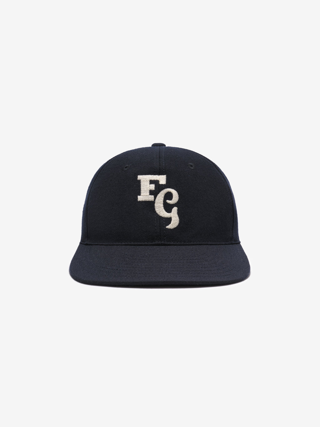 black textured wool baseball cap with white felt FG stitched logo on front and adjustable elastic back band
