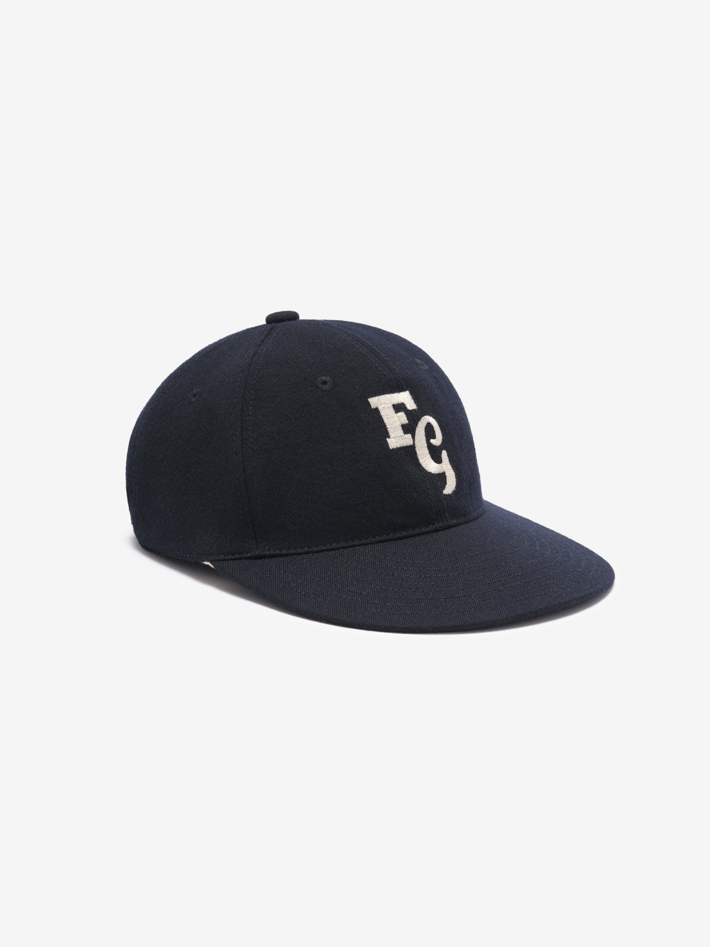 navy textured wool baseball cap with white felt FG stitched logo and elastic adjustable back strap