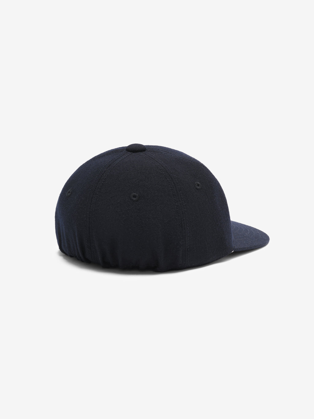 navy textured wool baseball cap with elastic back and stitched felt FG logo on front panel