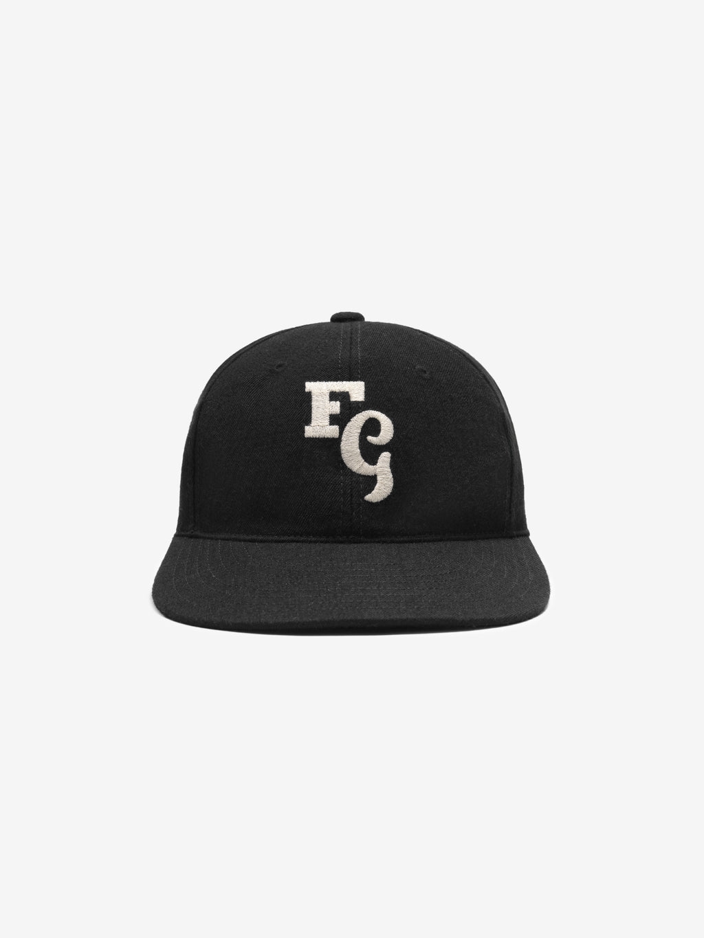 black textured wool baseball cap with cream felt FG stitched logo centered on front panel and flat brim