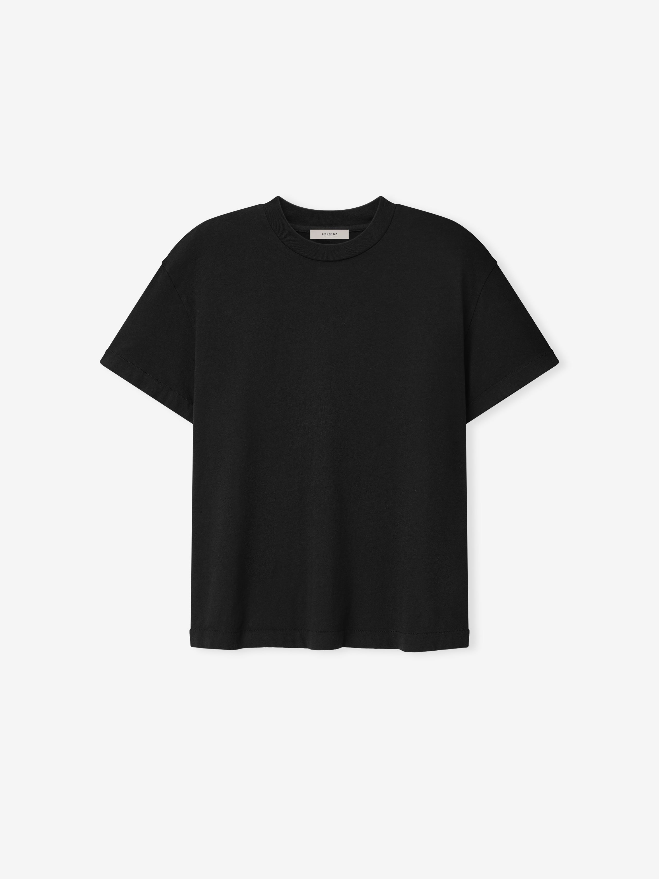 Plain black short-sleeve t-shirt with crew neckline displayed against a white background