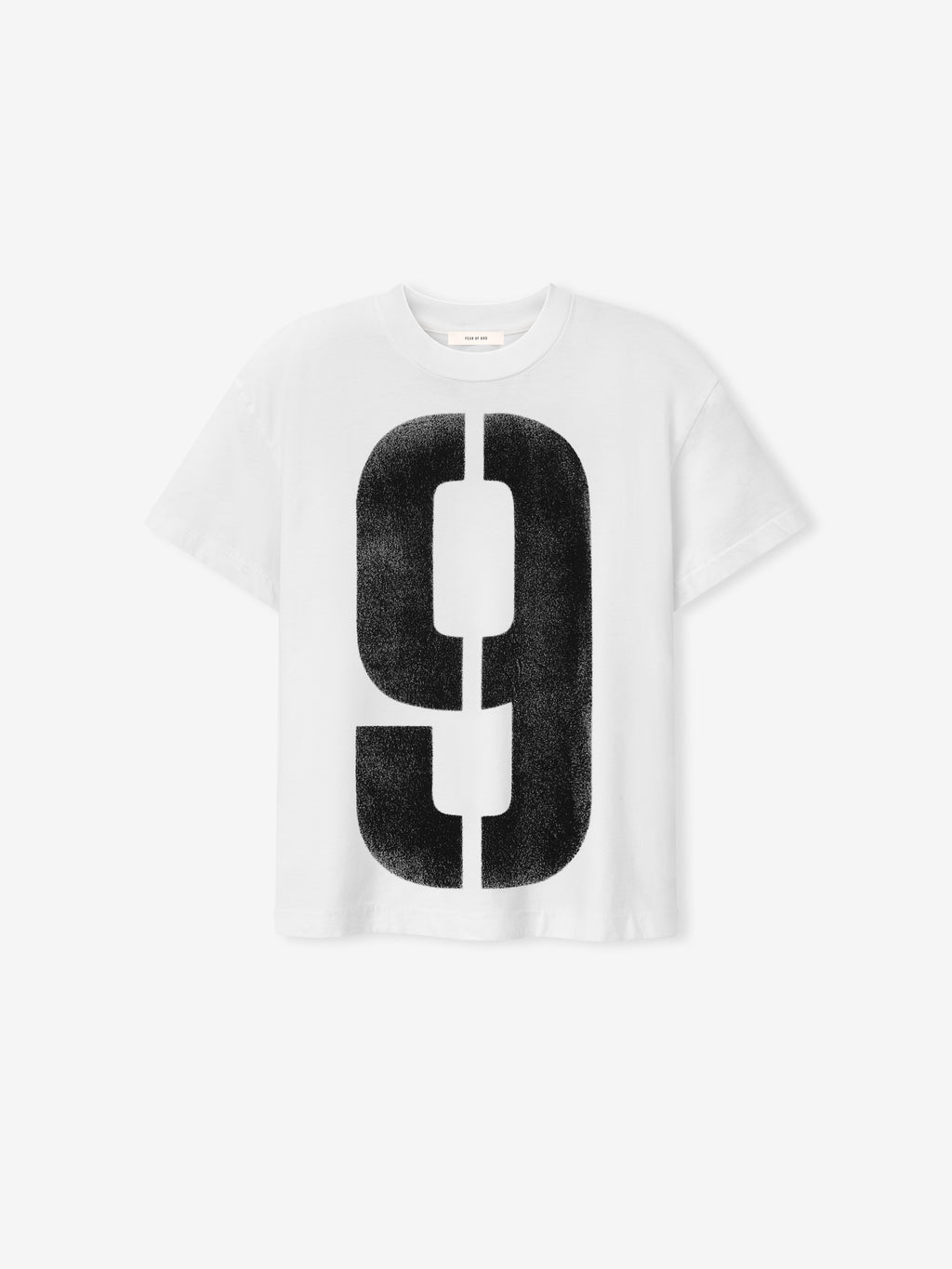 White short-sleeve t-shirt with a large distressed black number nine graphic on the front and a crew neckline