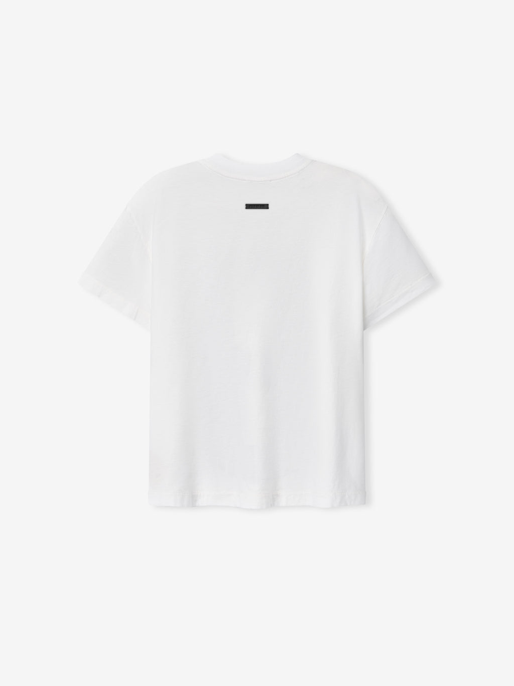 Back view of a plain white short-sleeve t-shirt with a crew neckline and a small black label near the neck