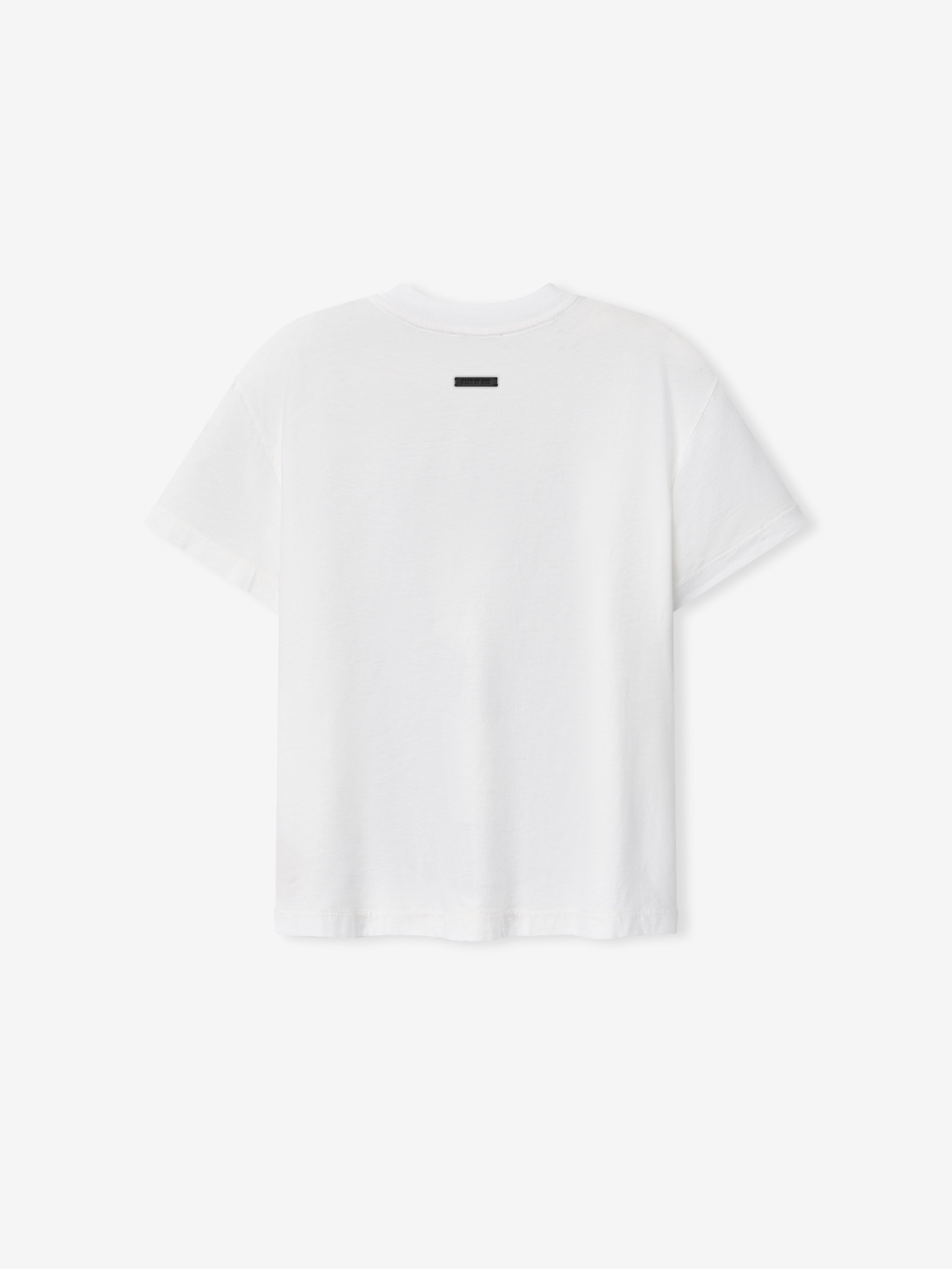 Back view of a plain white short-sleeve t-shirt with a crew neckline and a small black label near the neck