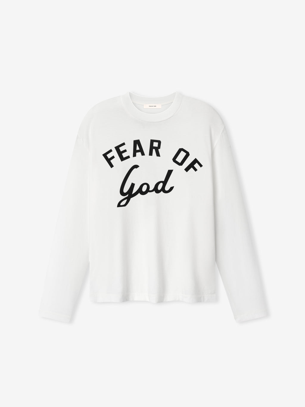 White long-sleeve crewneck shirt with black "FEAR OF God" text printed across the chest on a plain background