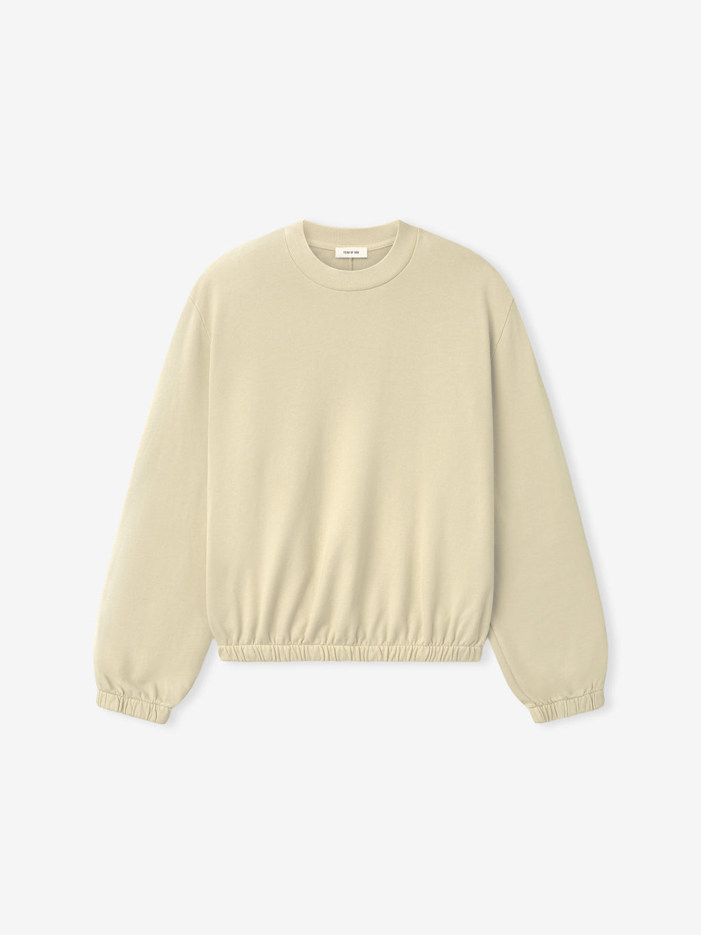 Off-white crewneck sweatshirt with long sleeves and elasticated cuffs and hem on plain background