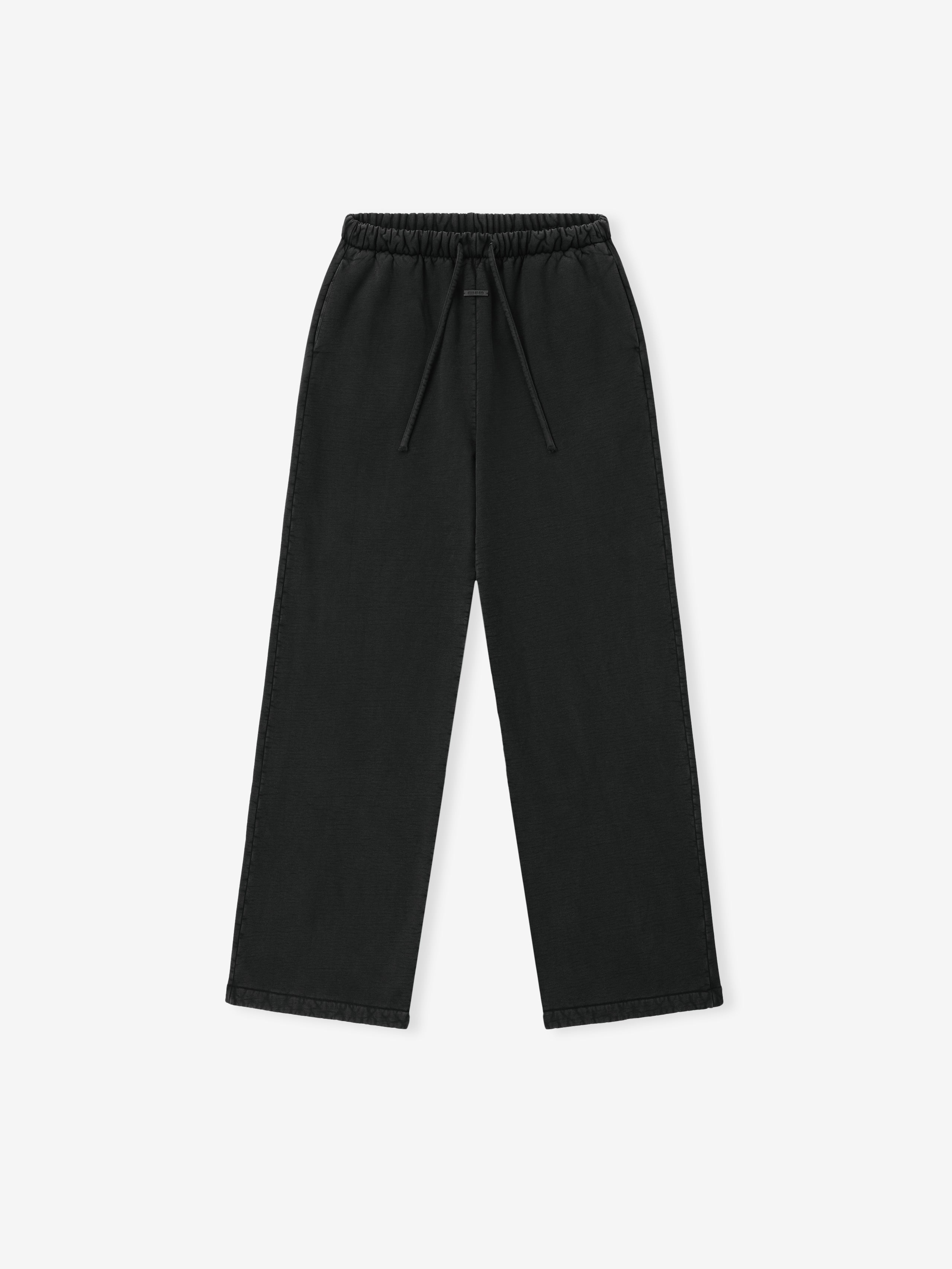Front view of black wide-leg pants with elastic waistband and drawstring on white background
