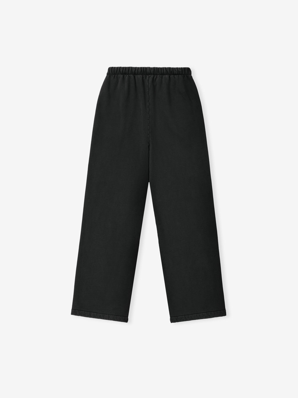 Back view of black straight-leg pants with gathered elastic waistband on plain white background