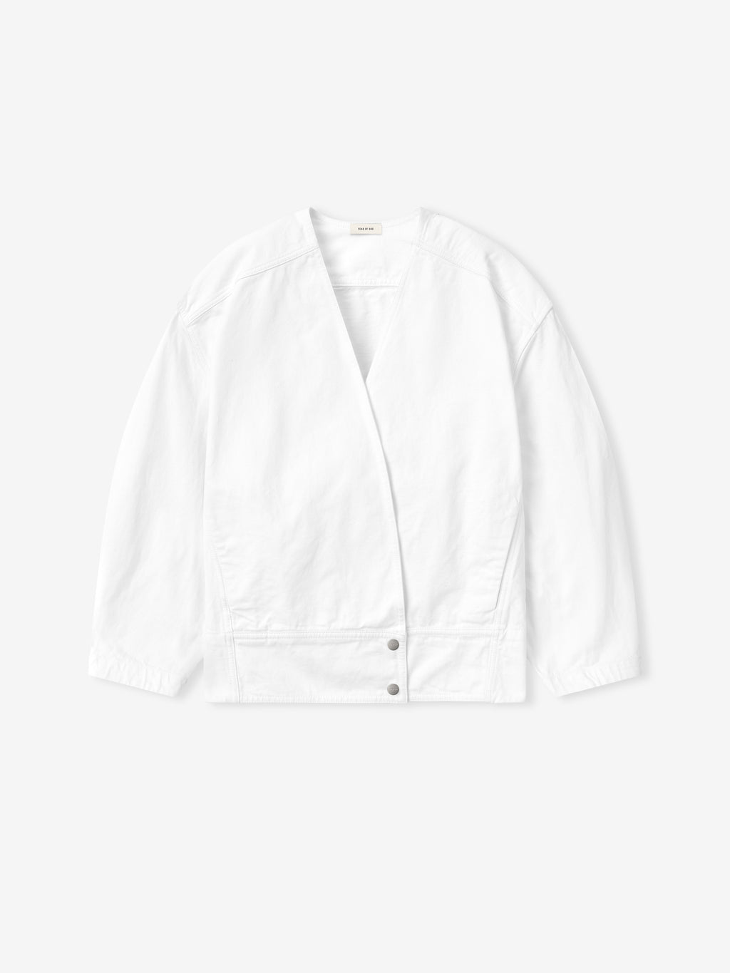 optic white washed cotton broken twill relaxed lapelless jacket with two snap button closure