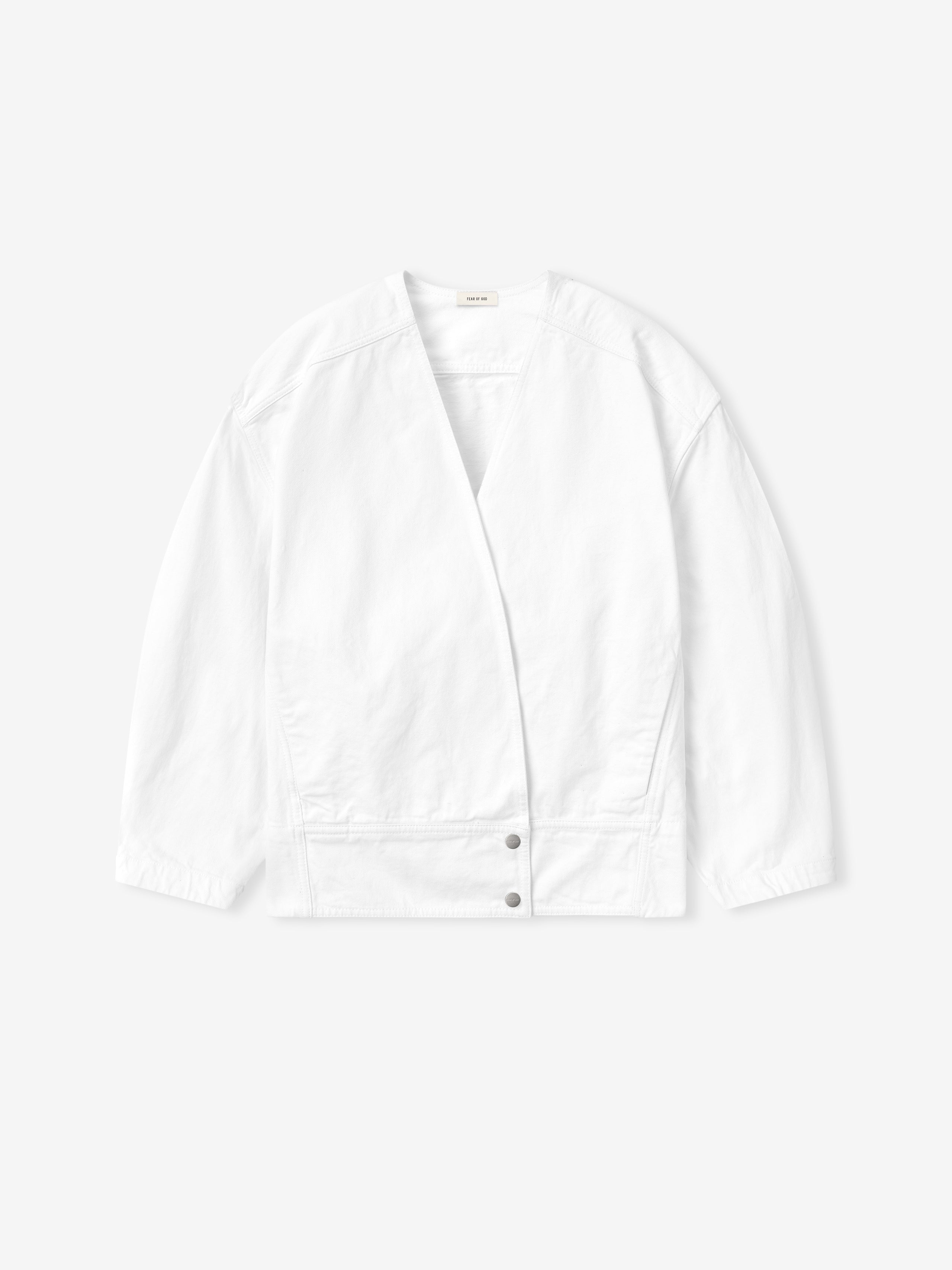 optic white washed cotton broken twill relaxed lapelless jacket with two snap button closure