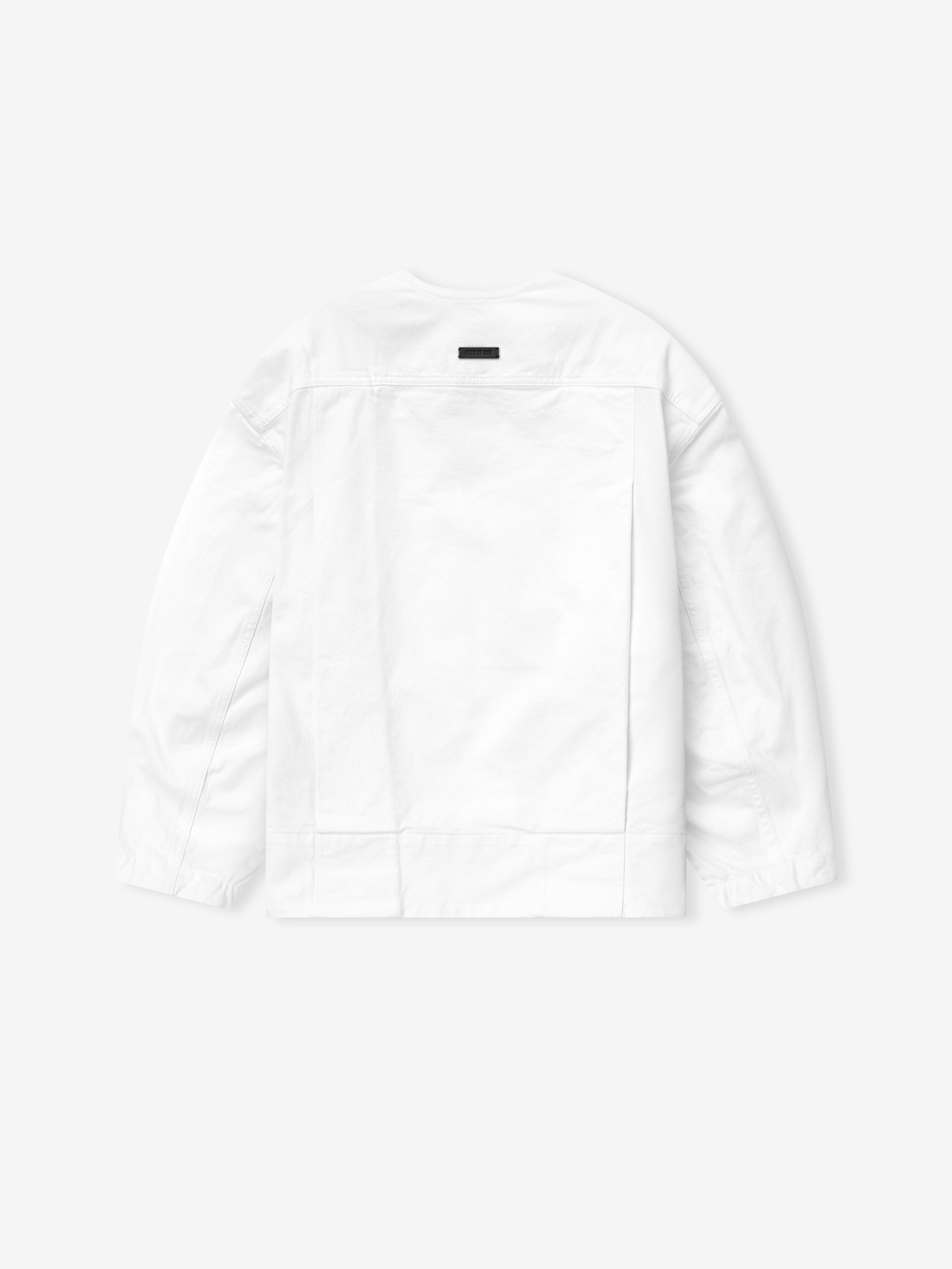 back view of optic white cotton broken twill relaxed lapelless denim jacket with deep pleats and snap buttons