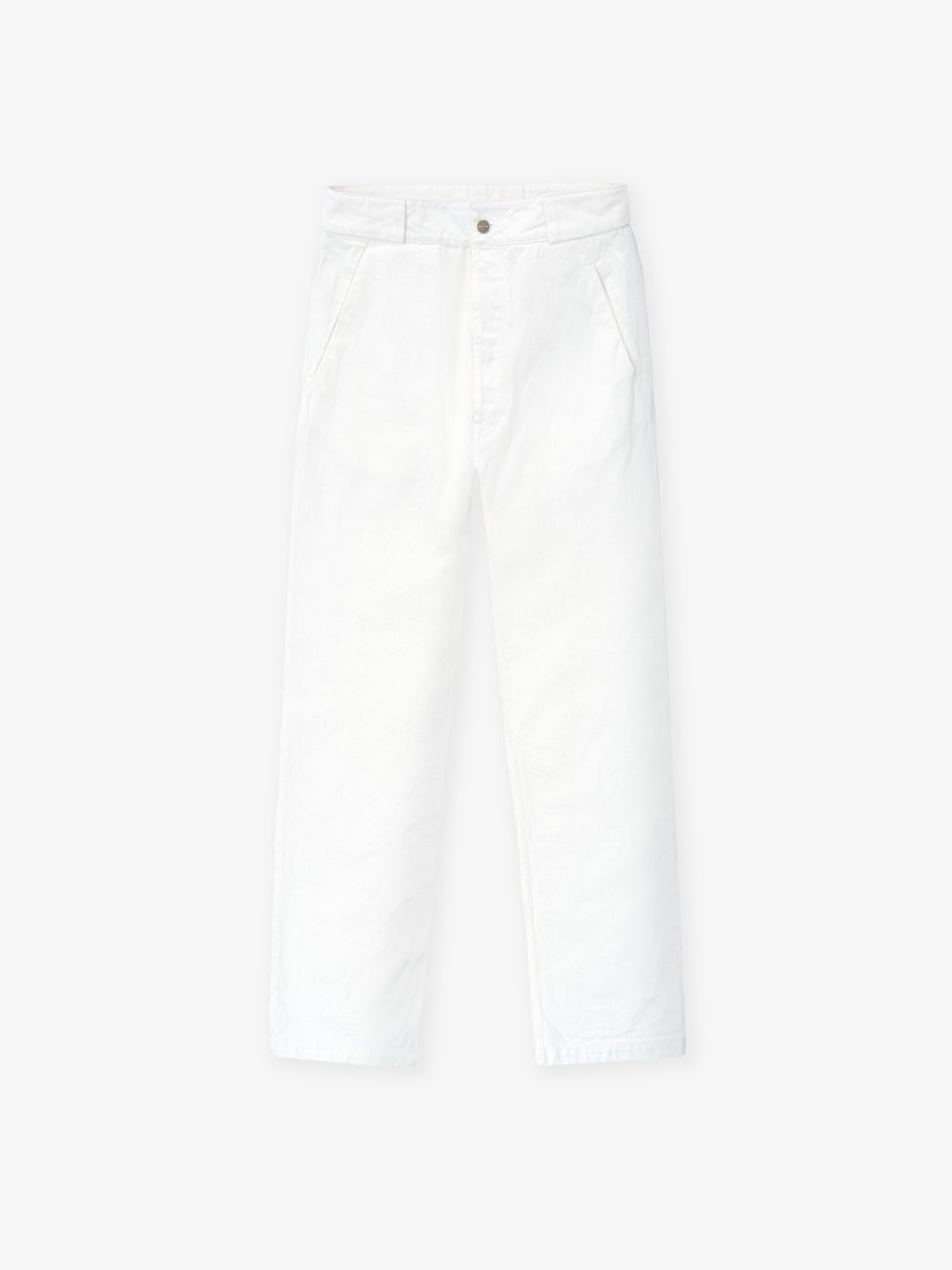 white cotton broken twill relaxed fit women's utility pants with front pockets and button closure