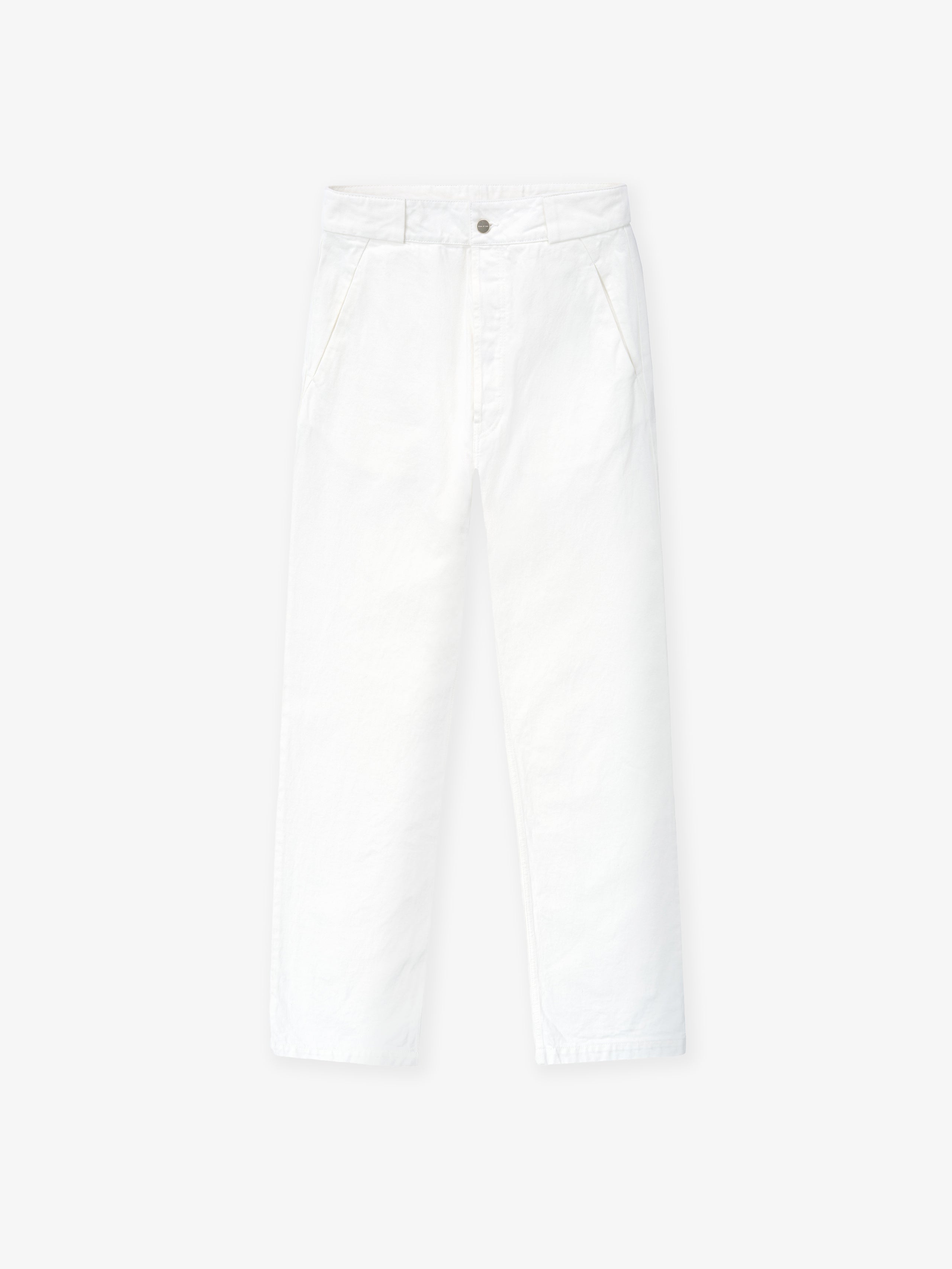 white cotton broken twill relaxed fit women's utility pants with front pockets and button closure