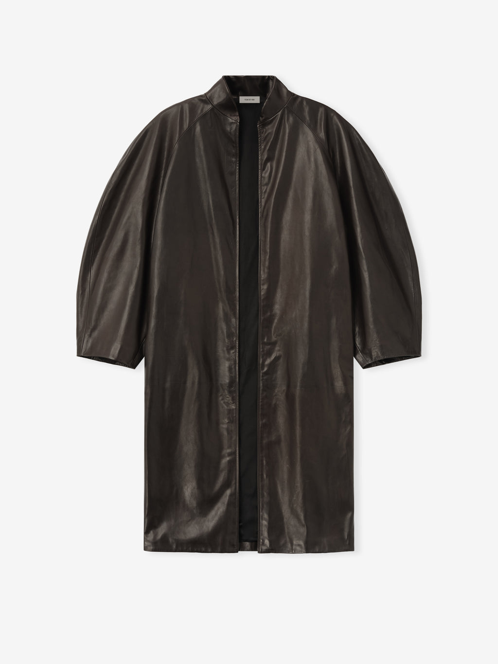 long black full-grain calfskin leather coat with tulip silhouette and baseball collar for women