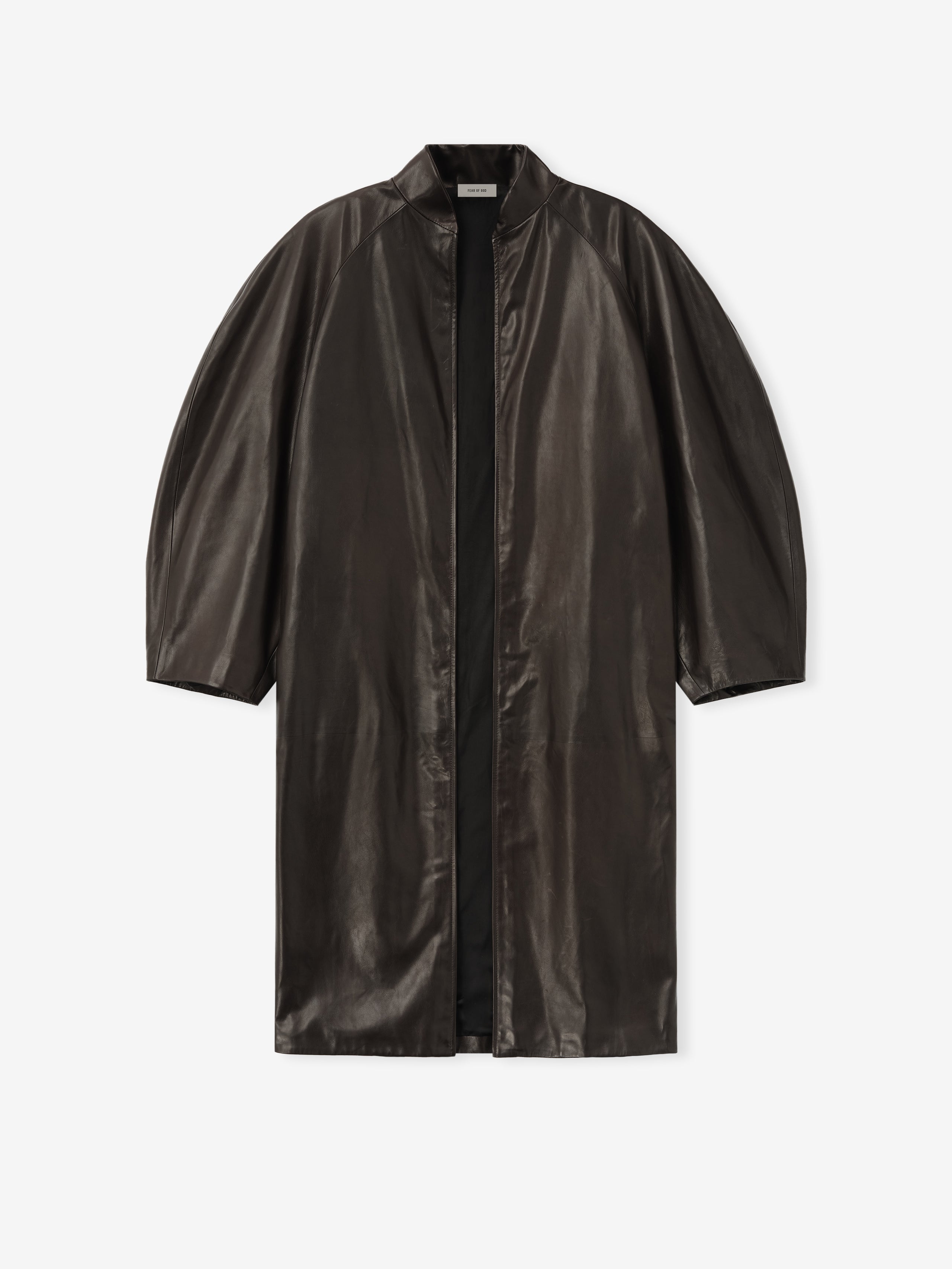 long black full-grain calfskin leather coat with tulip silhouette and baseball collar for women