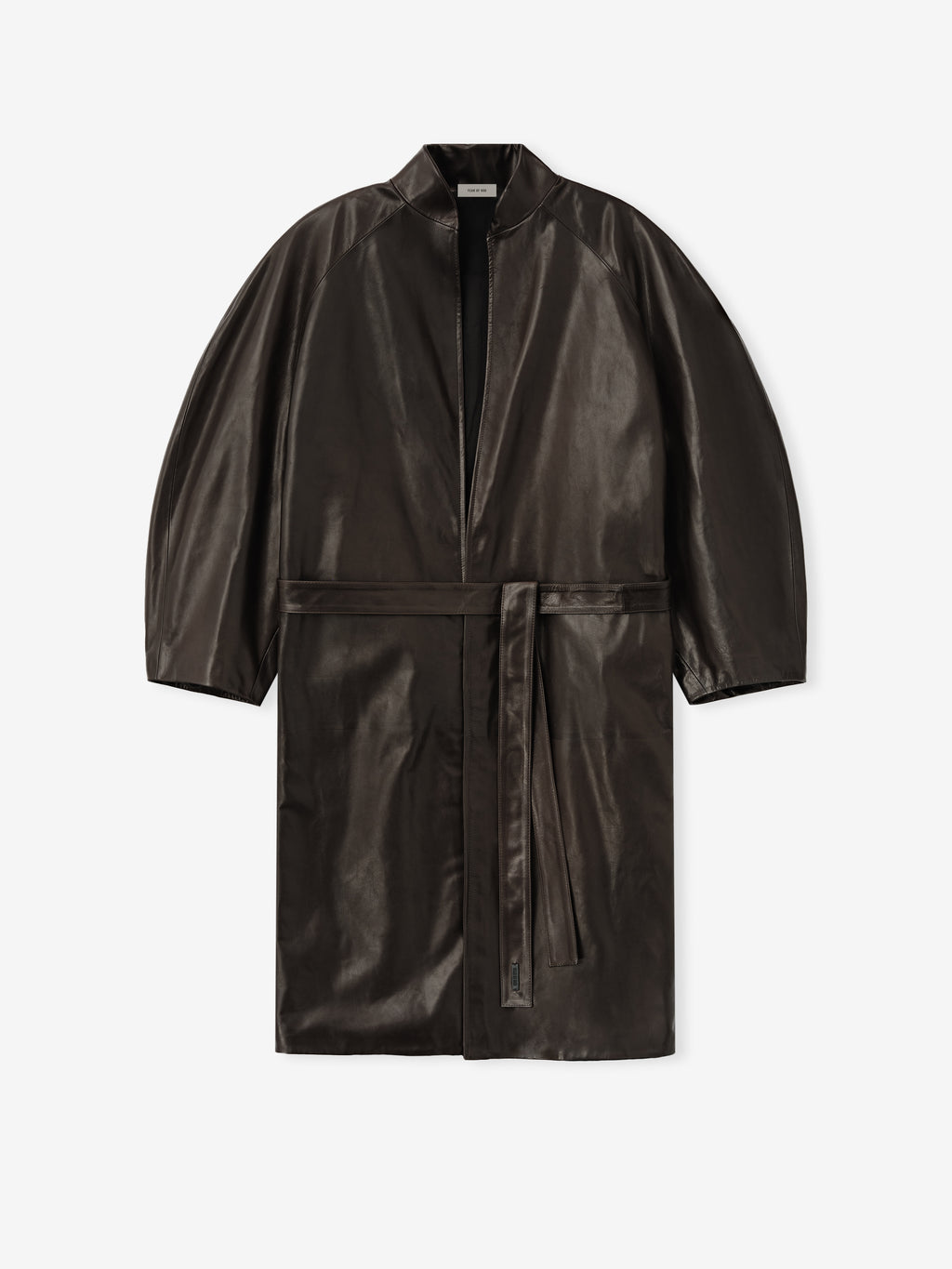 dark brown full-grain calfskin leather coat with tulip silhouette, saddle sleeves, baseball collar, and self-tie belt for women