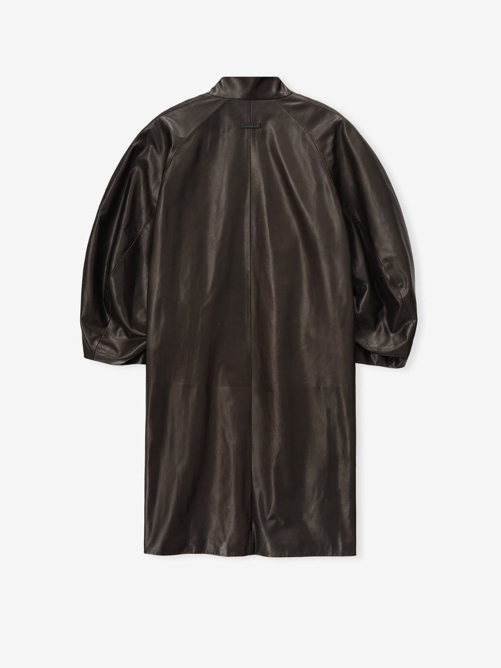 back view of dark brown full-grain calfskin leather coat with tulip silhouette and saddle sleeves for women