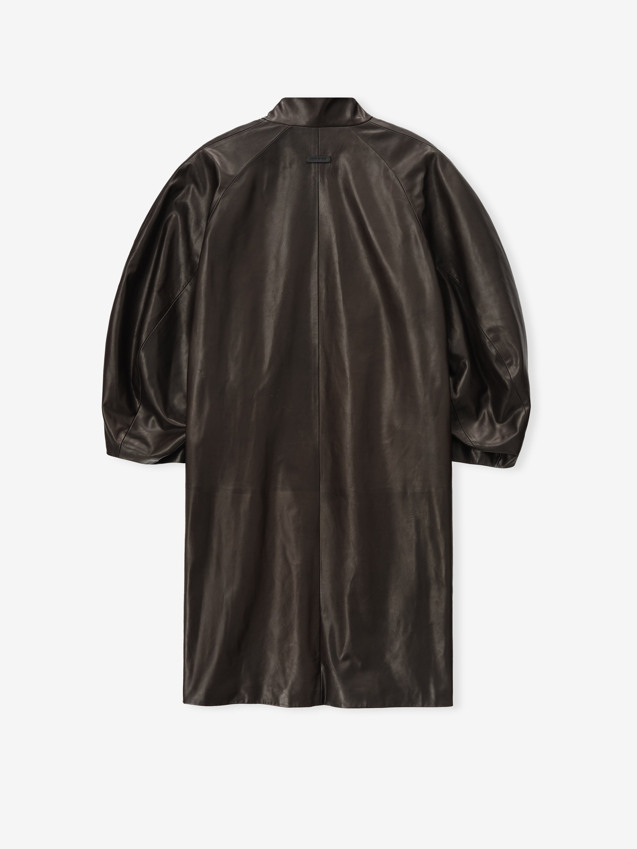 back view of dark brown full-grain calfskin leather coat with tulip silhouette and saddle sleeves for women