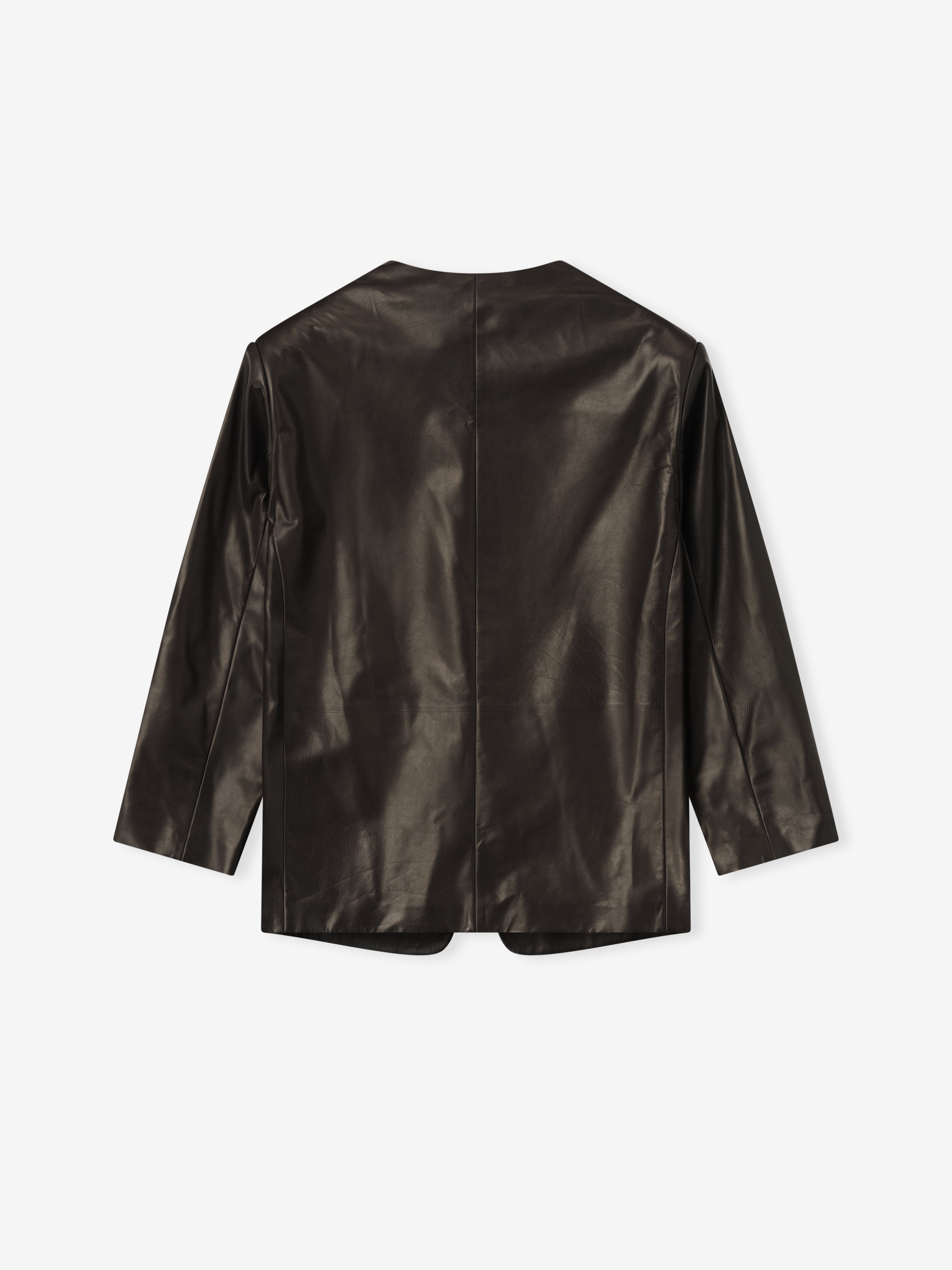 back view of dark brown full-grain calfskin leather collarless jacket with relaxed tailored fit for women