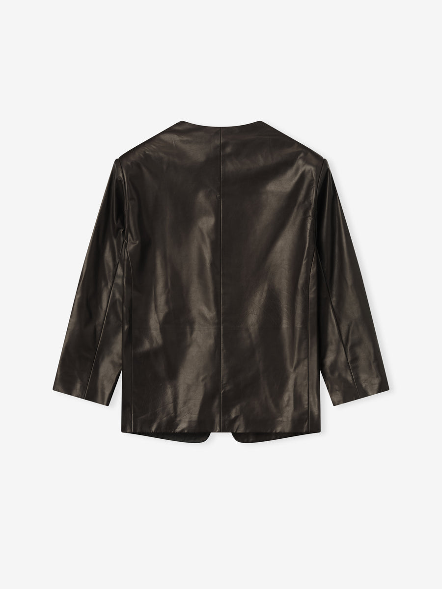 Womens Leather Collarless Jacket Dark Brown / XS view 4