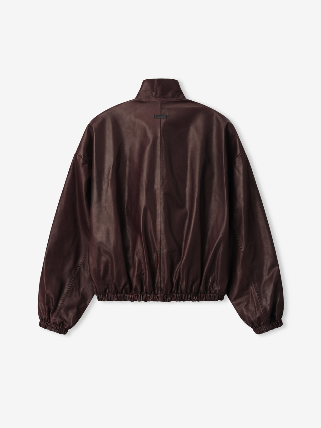 back view of dark brown full-grain calfskin leather track jacket with stand collar and elasticated cuffs and hem for women