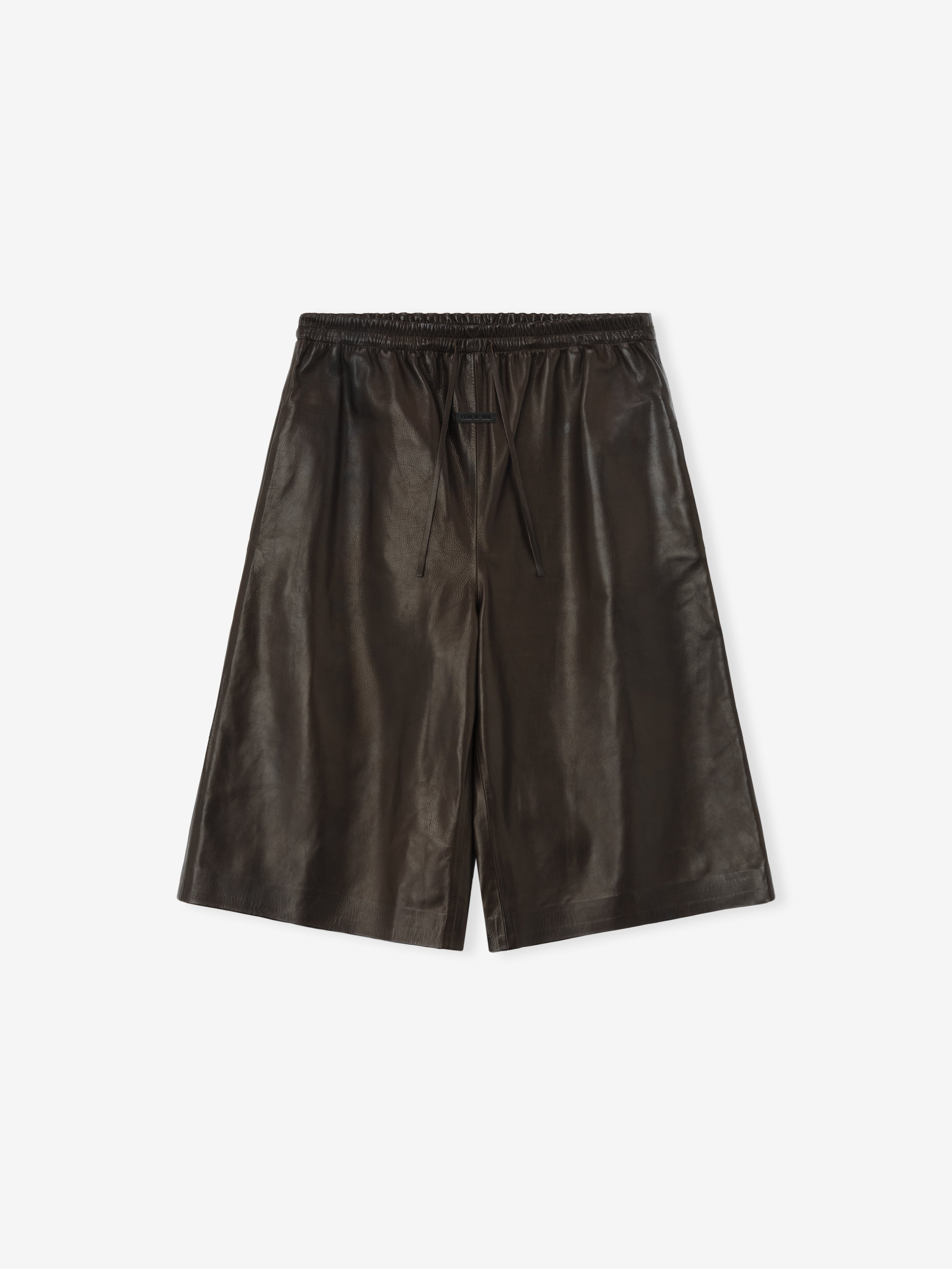 baggy knee-length women's shorts made from dark full-grain calfskin leather with elastic drawstring waistband