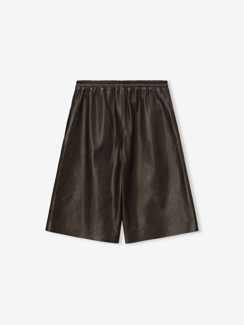 baggy knee-length women's shorts made from dark full-grain calfskin leather with elastic drawstring waistband