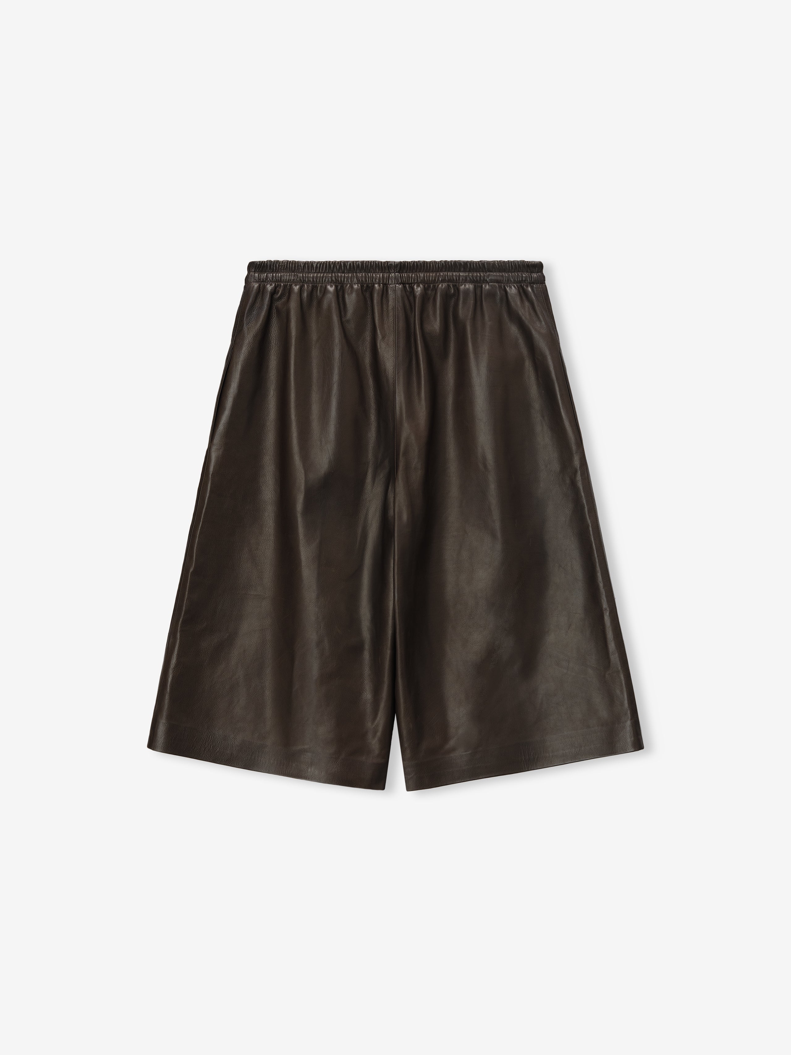 baggy knee-length women's shorts made from dark full-grain calfskin leather with elastic drawstring waistband