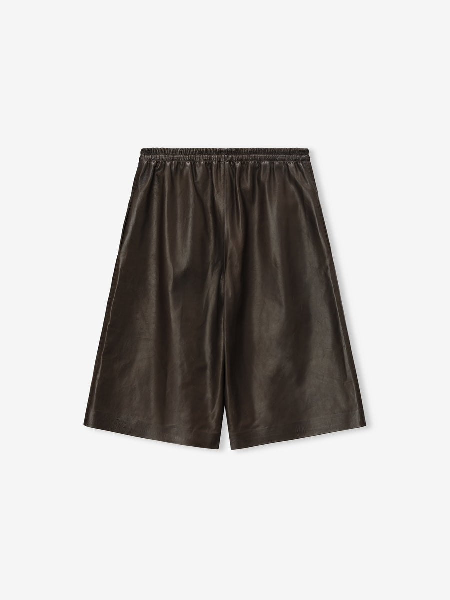Womens Leather Drawstring Shorts Dark Brown / XS view 3