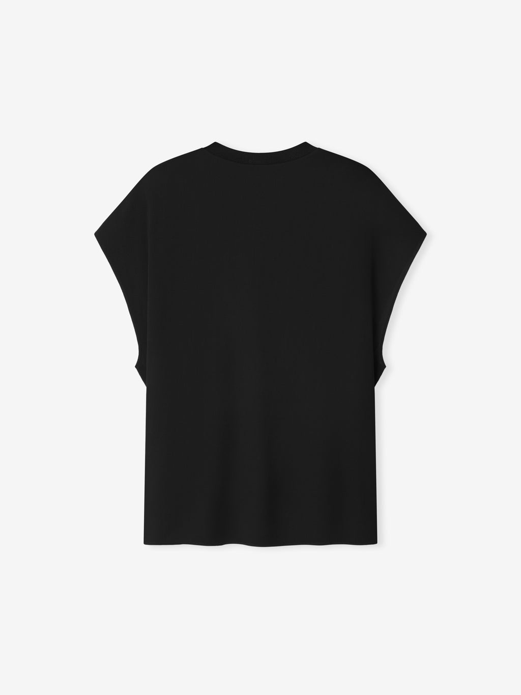 black sleeveless women's tee crafted from lightweight sheer wool viscose with a ribbed collar and relaxed fit back view