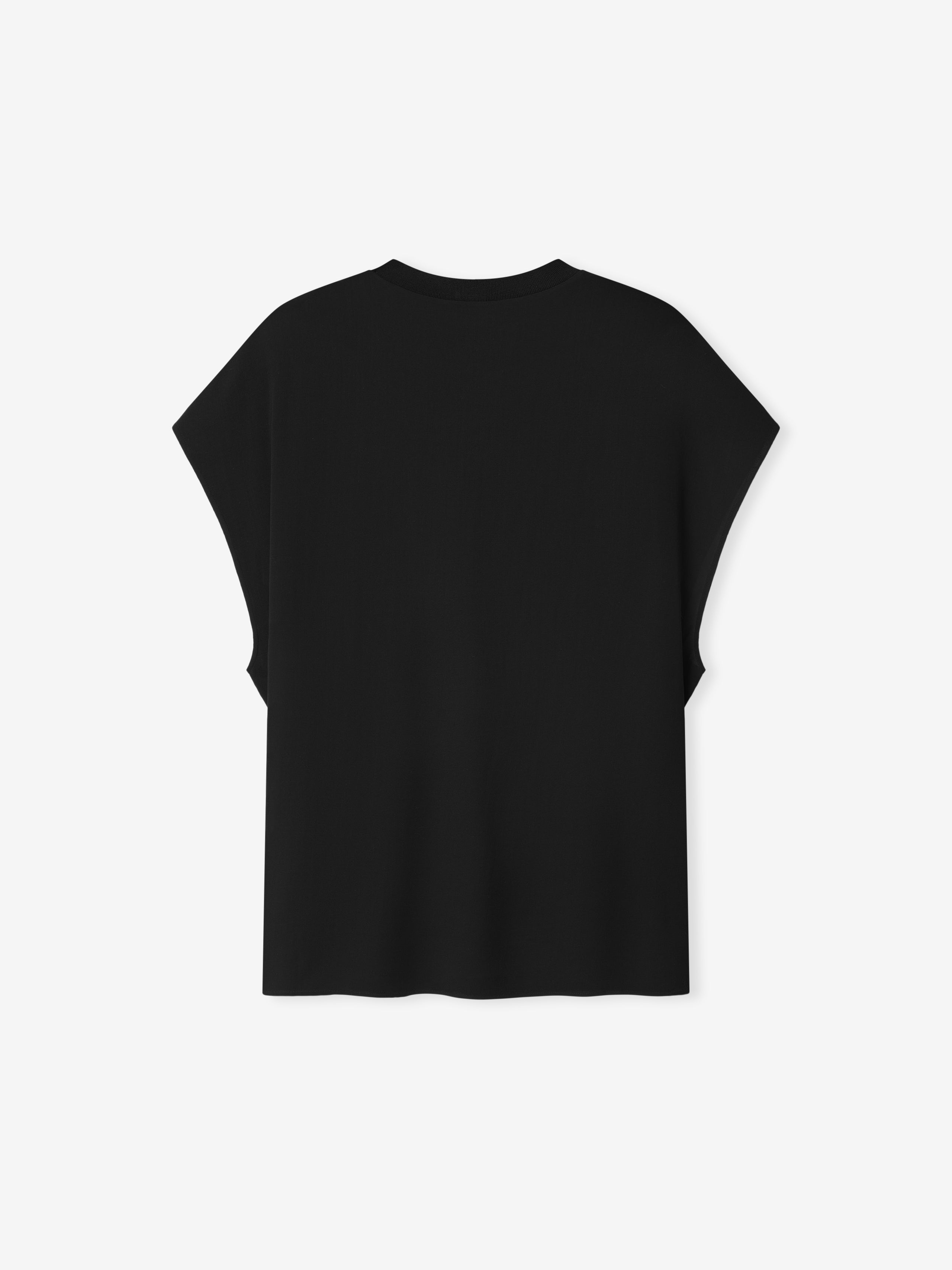 black sleeveless women's tee crafted from lightweight sheer wool viscose with a ribbed collar and relaxed fit back view