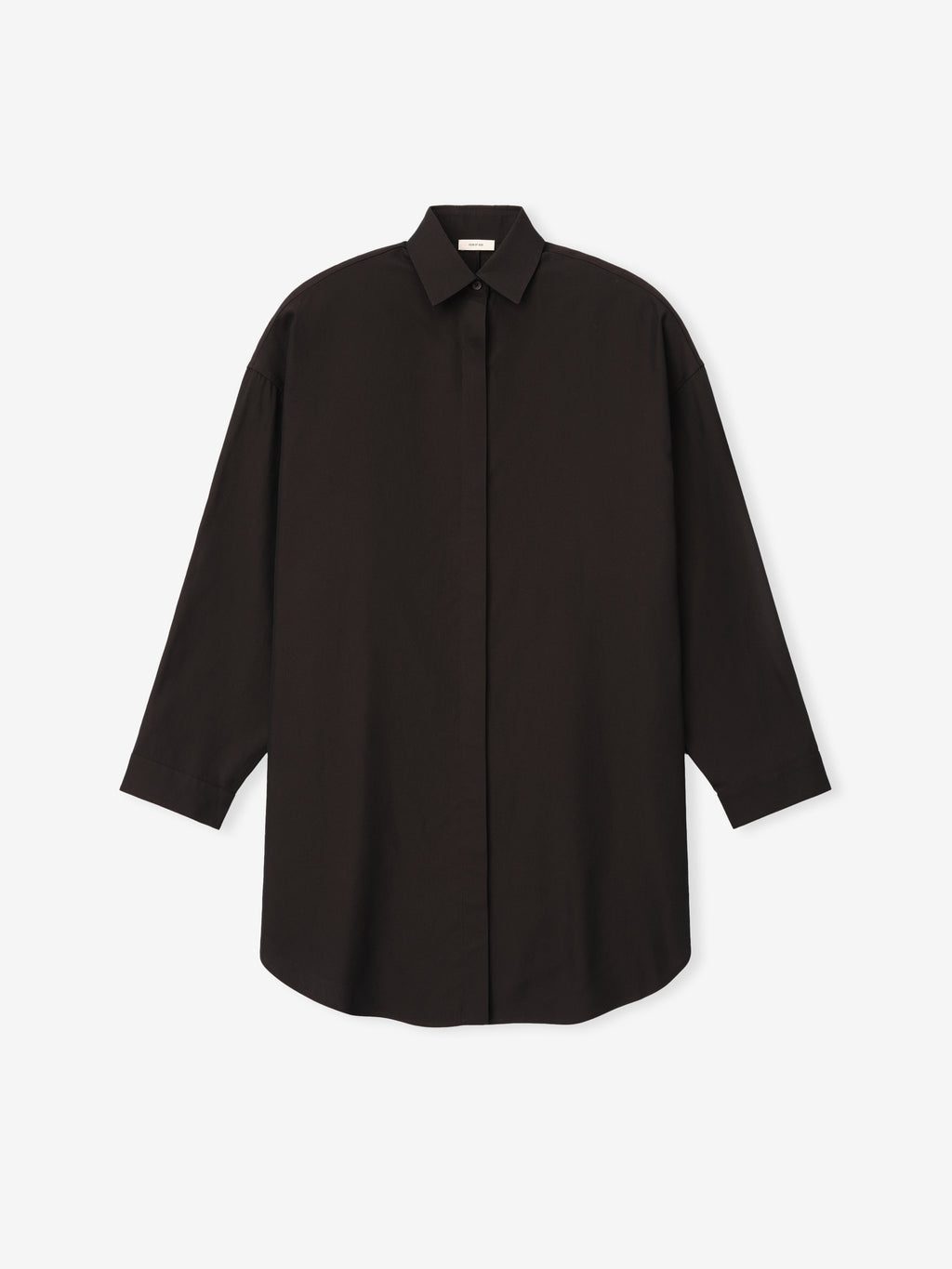 Relaxed fit long-sleeve dark brown shirt with concealed button placket and classic collar on a white background
