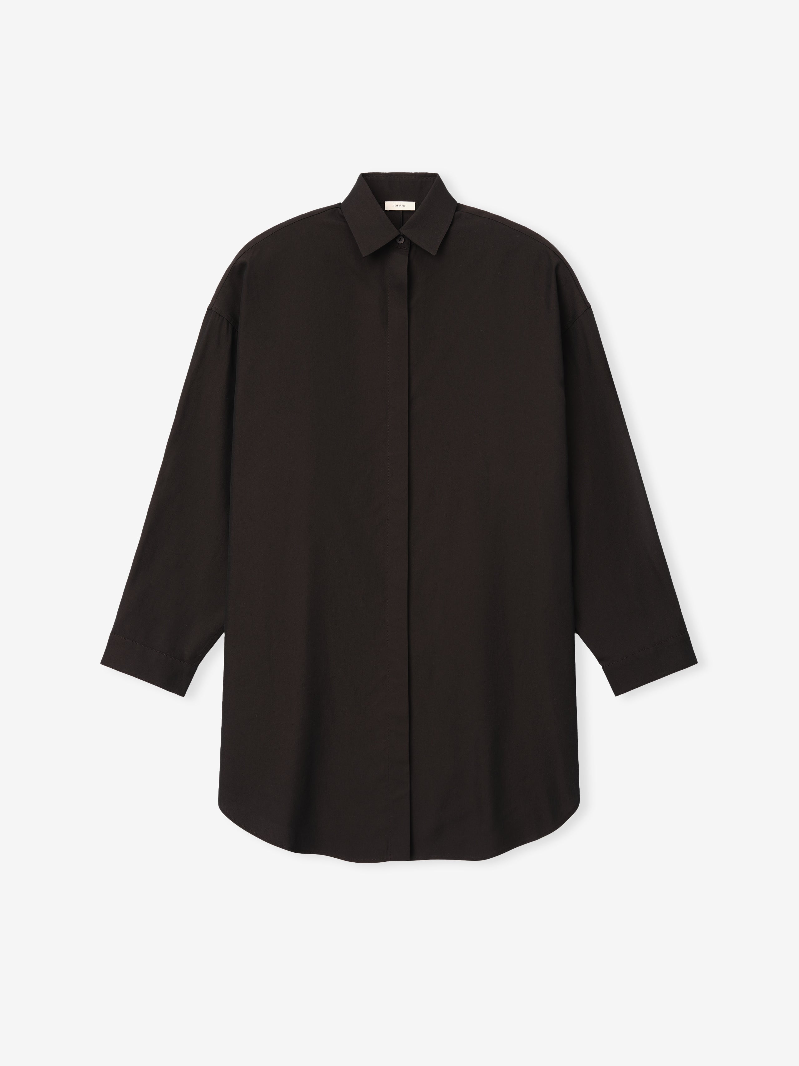Relaxed fit long-sleeve dark brown shirt with concealed button placket and classic collar on a white background