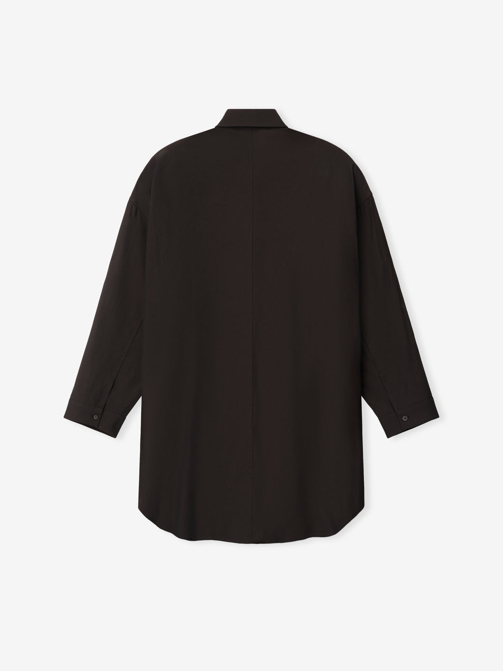 Back view of a dark brown long-sleeve shirt with a relaxed fit and classic collar on a white background