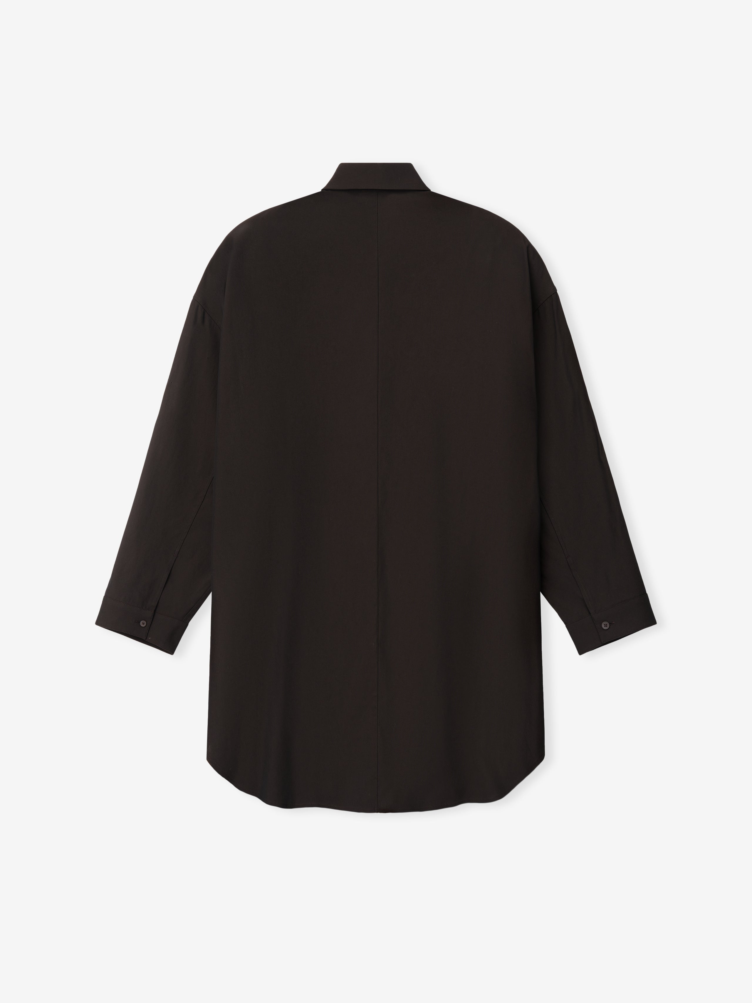 Back view of a dark brown long-sleeve shirt with a relaxed fit and classic collar on a white background