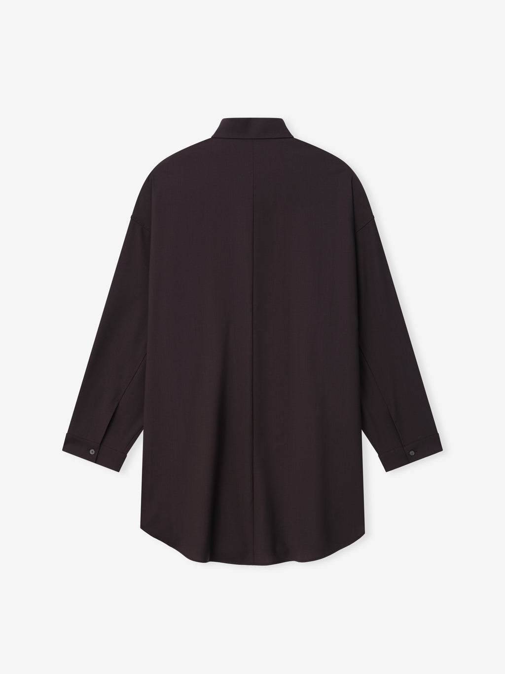 back view of relaxed fit women's shirt in lightweight wool canvas with center seam and small buttoned cuffs