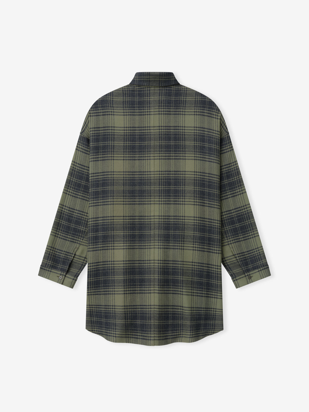 back view of women's relaxed fit cotton flannel shirt in olive and navy plaid with small cuffs and curved hem