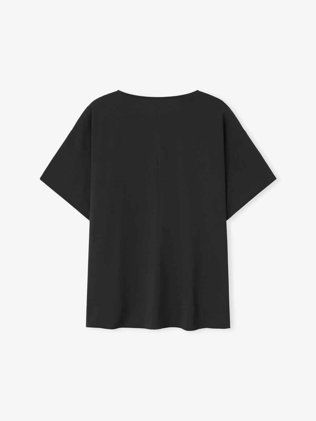 back view of black superfine wool twill boat neck tee with short sleeves and center seam detail