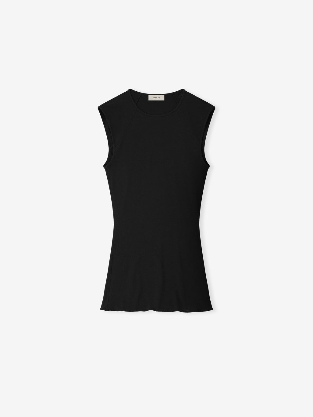 black sleeveless women’s tank top with contoured shape, raglan seams, and fine tubular neckline in silk elastane fabric