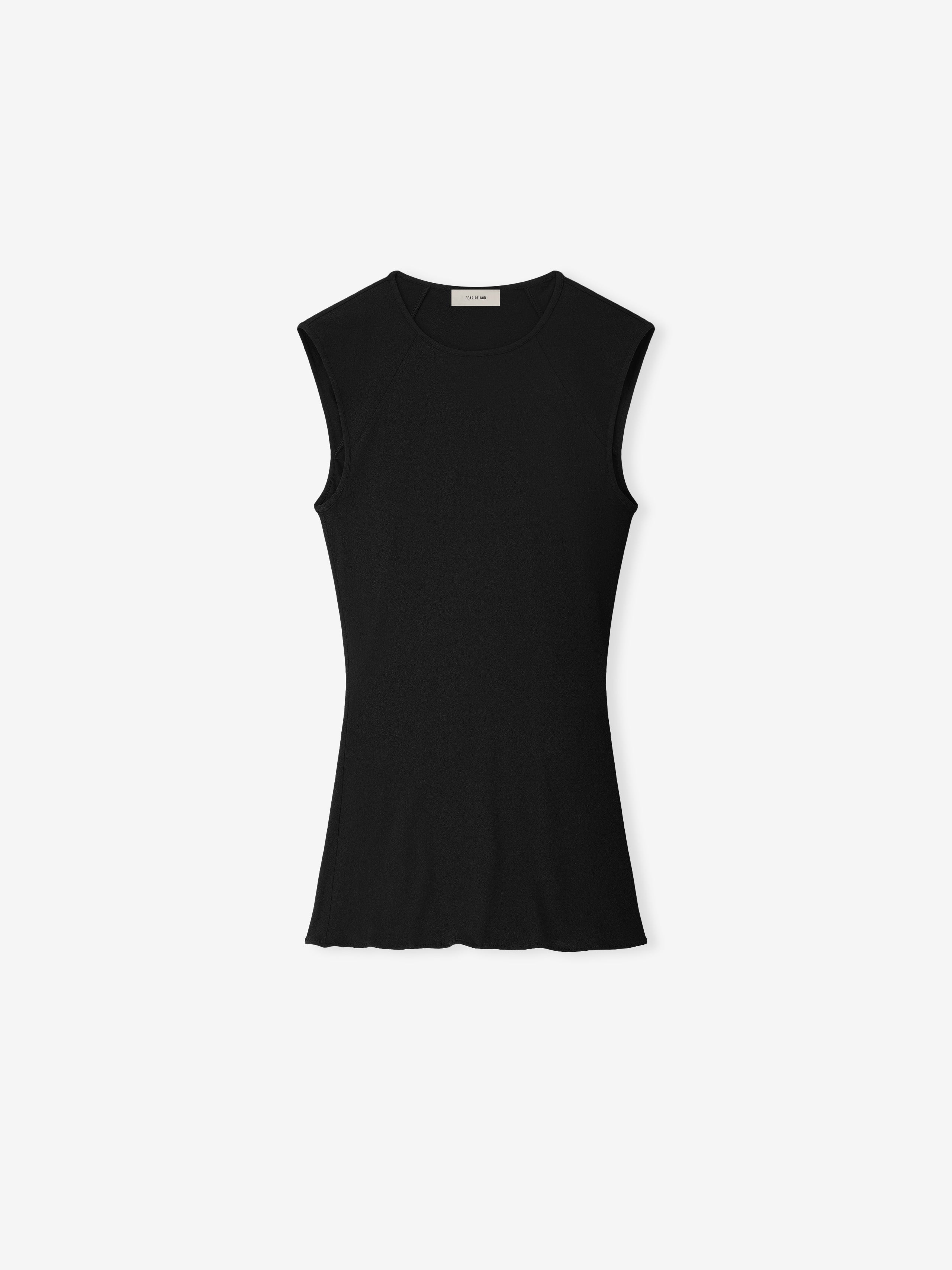 black sleeveless women’s tank top with contoured shape, raglan seams, and fine tubular neckline in silk elastane fabric