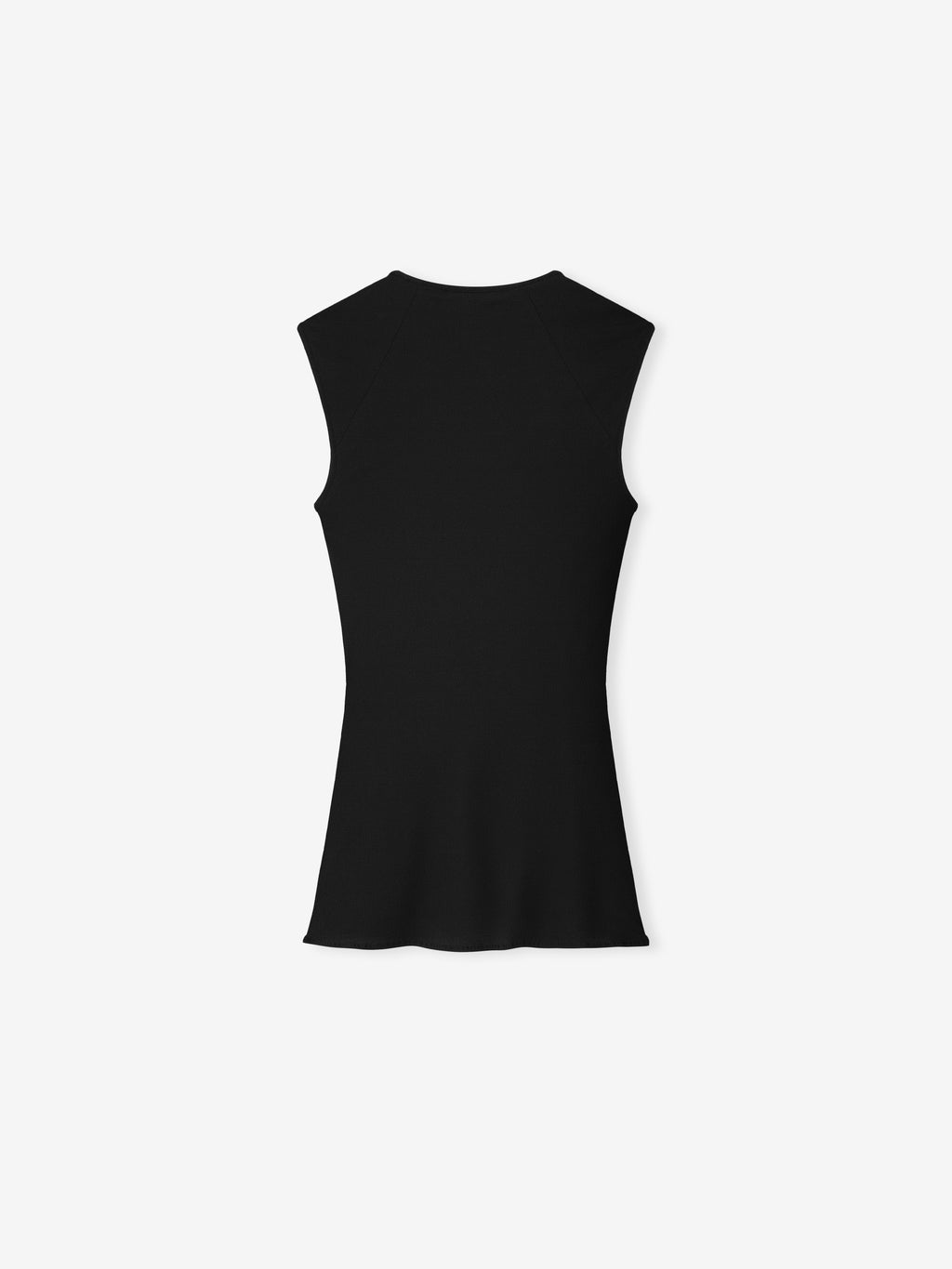 back view of black sleeveless tank top with contoured fit and subtle flare at hem in lightweight silk elastane fabric