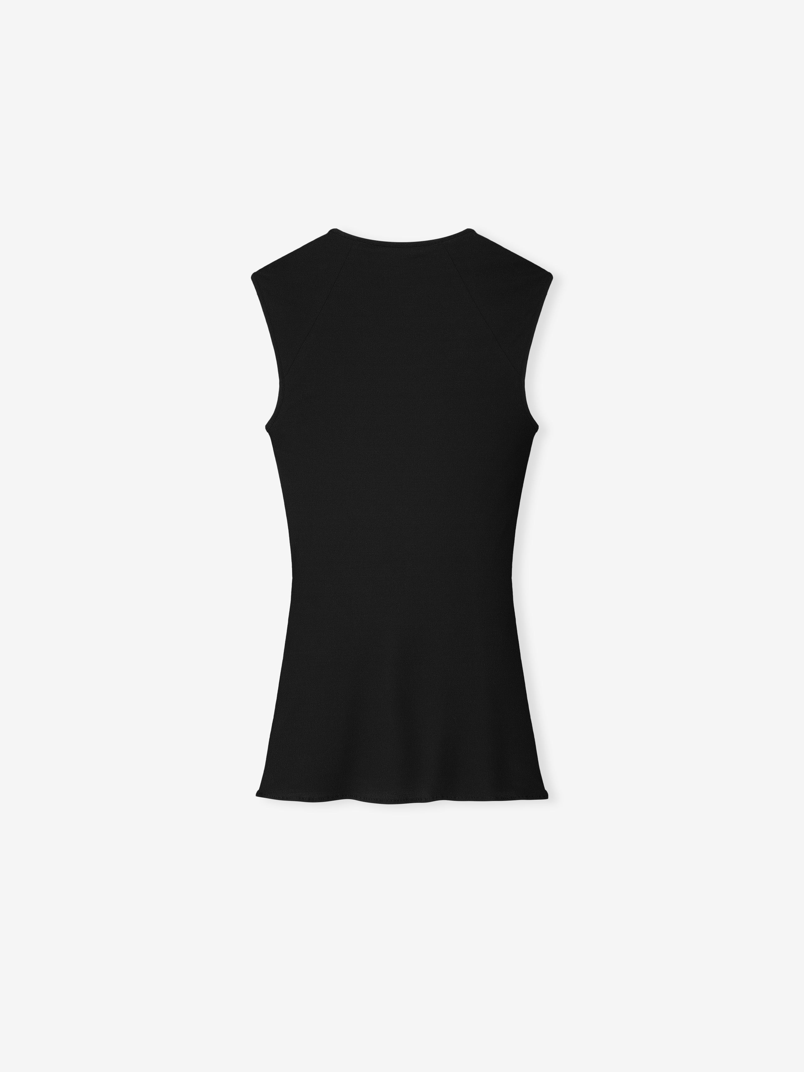 back view of black sleeveless tank top with contoured fit and subtle flare at hem in lightweight silk elastane fabric