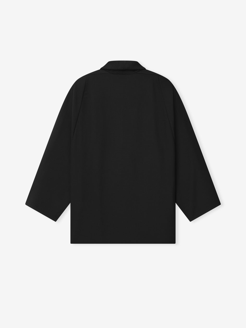 back view of black lightweight wool ripstop shawl collar jacket with relaxed fit and double-breasted snap closure
