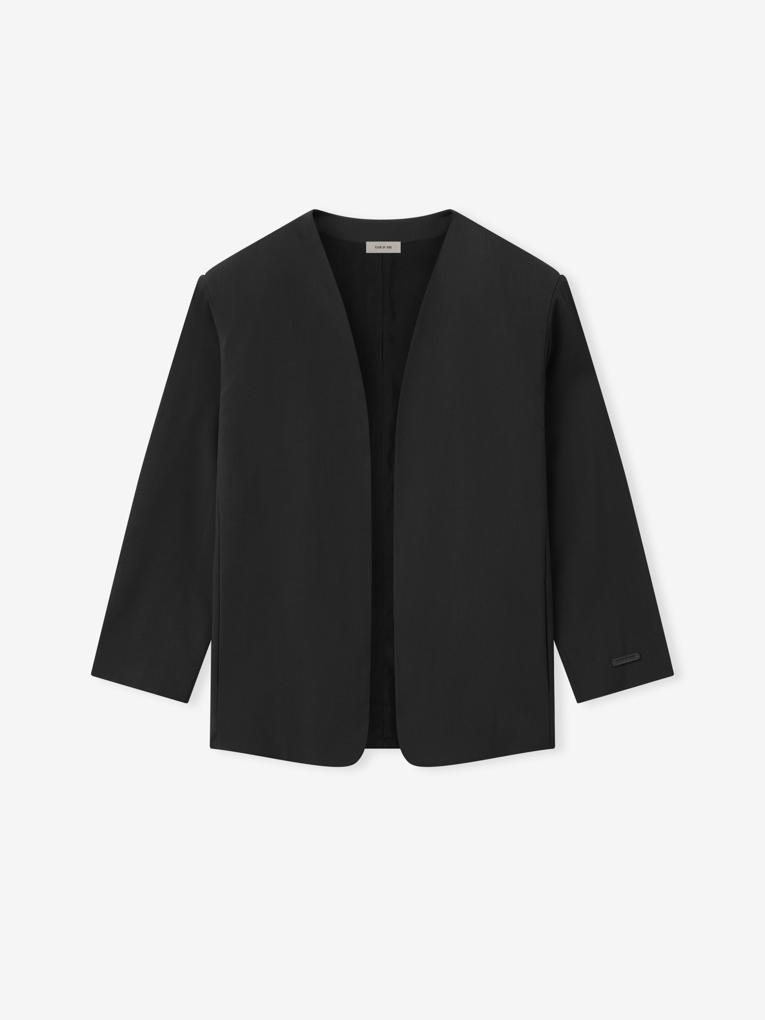 minimalist black collarless jacket with clean lines and open front design in smooth fabric