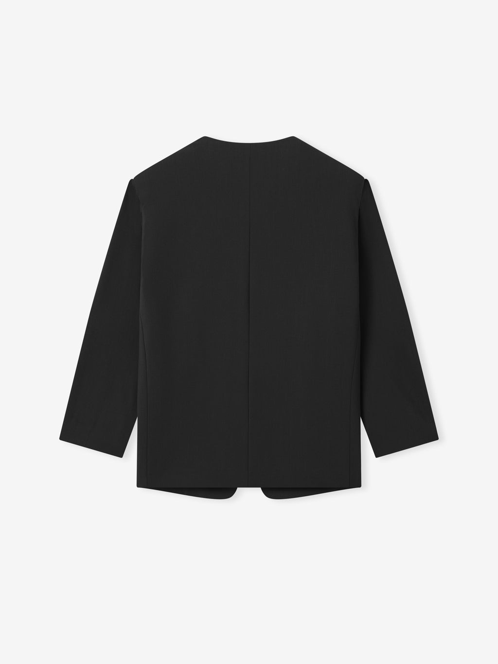 back view of black collarless jacket with long sleeves and clean minimalist silhouette