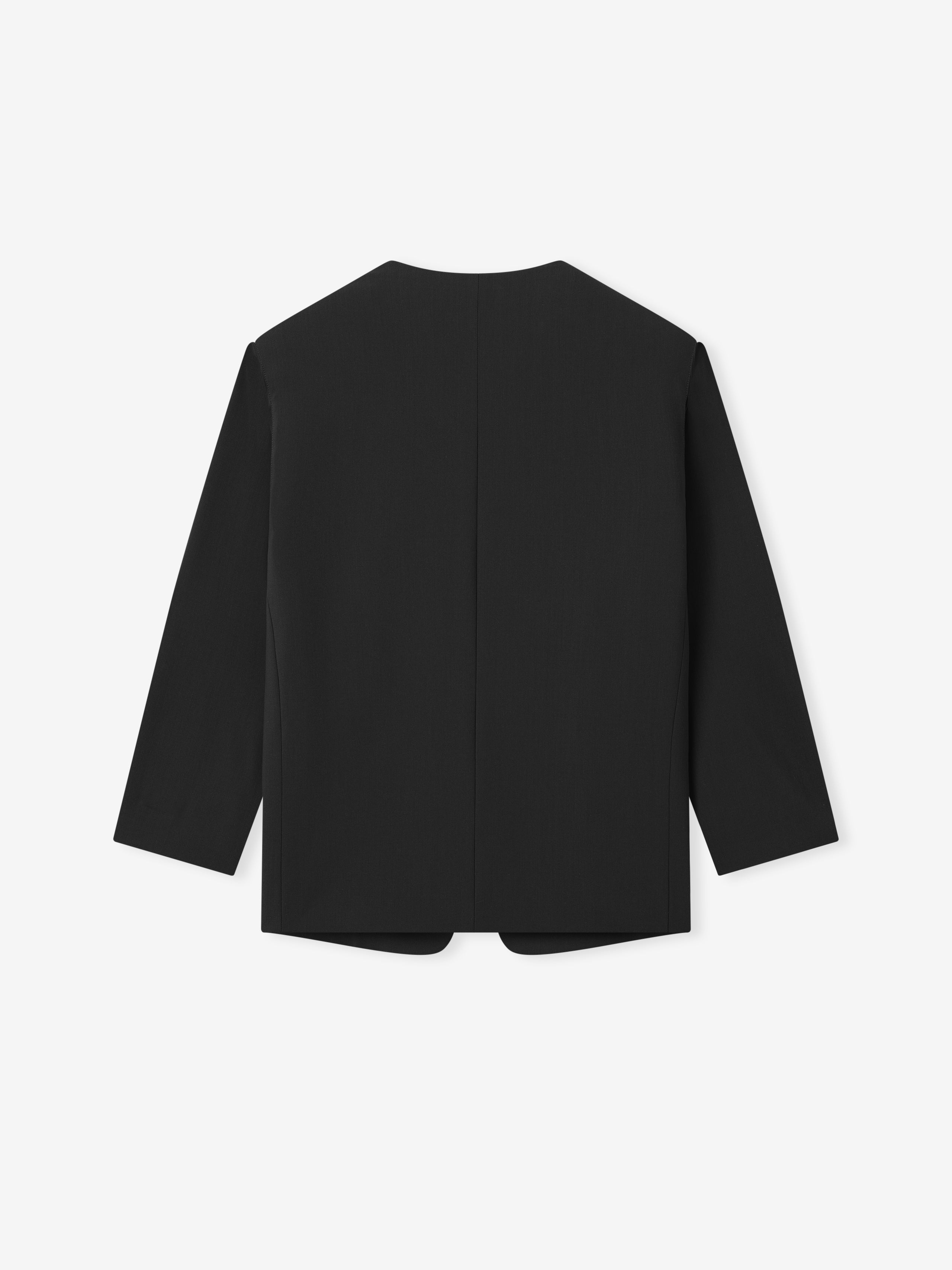 back view of black collarless jacket with long sleeves and clean minimalist silhouette